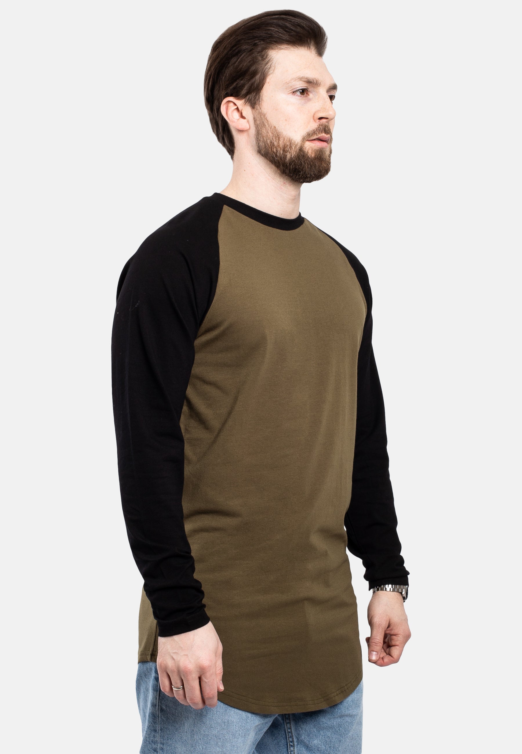 Blackskies-Longline-Baseball-Long-Sleeve-T-Shirt-Olive-Black-Mens-Long-Tee-Pose