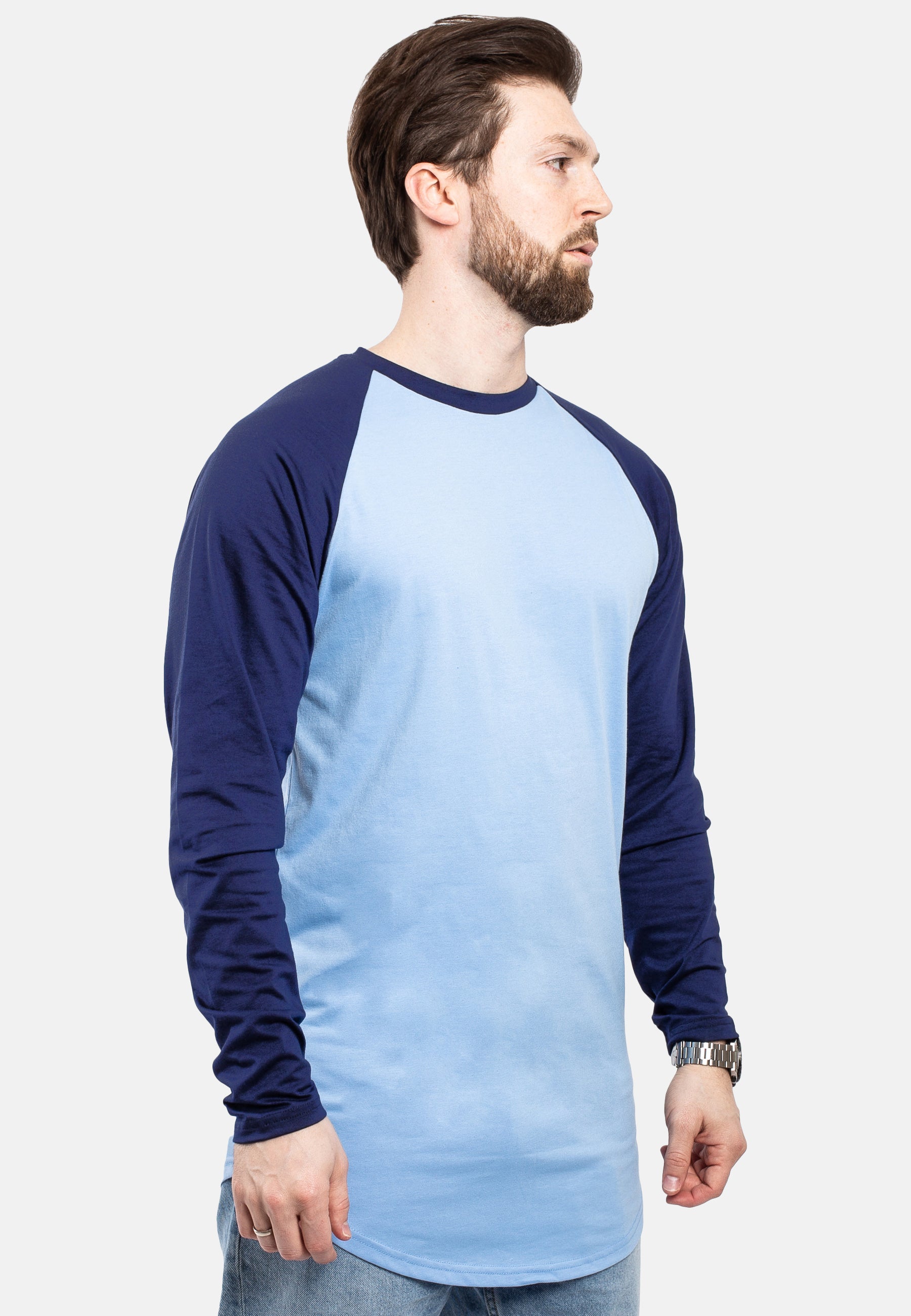 Blackskies-Longline-Baseball-Long-Sleeve-T-Shirt-Sky-Blue-Navy-Bllue-Mens-Long-Tee-Curved-Pose