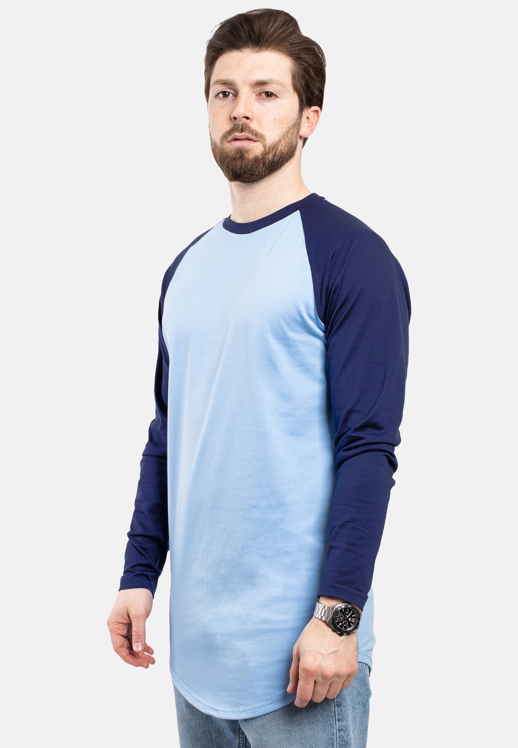 Blackskies-Longline-Baseball-Long-Sleeve-T-Shirt-Sky-Blue-Navy-Bllue-Mens-Long-Tee-Side