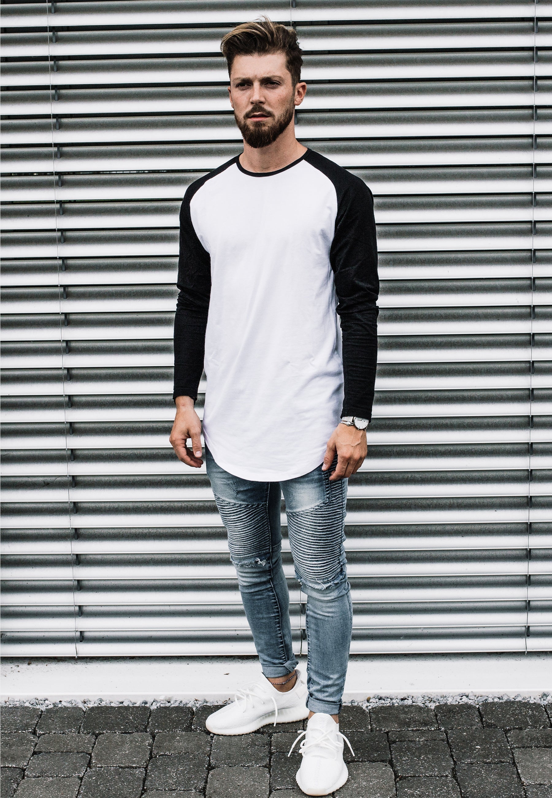 Blackskies-Longline-Baseball-Long-Sleeve-T-Shirt-White-Black-Model-2