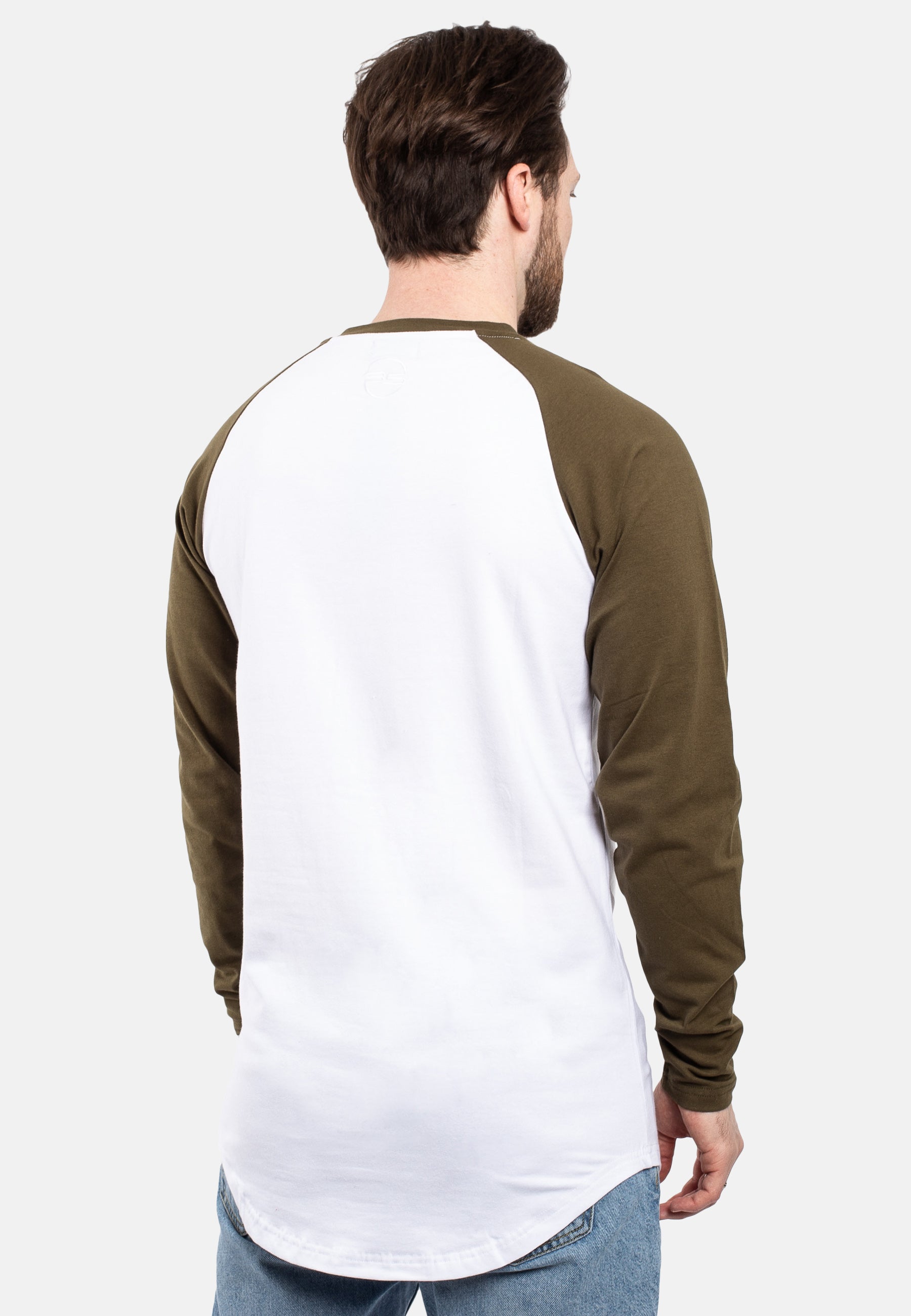 Blackskies-Longline-Baseball-Long-Sleeve-T-Shirt-White-Olive-Mens-Long-Tee-Back-2