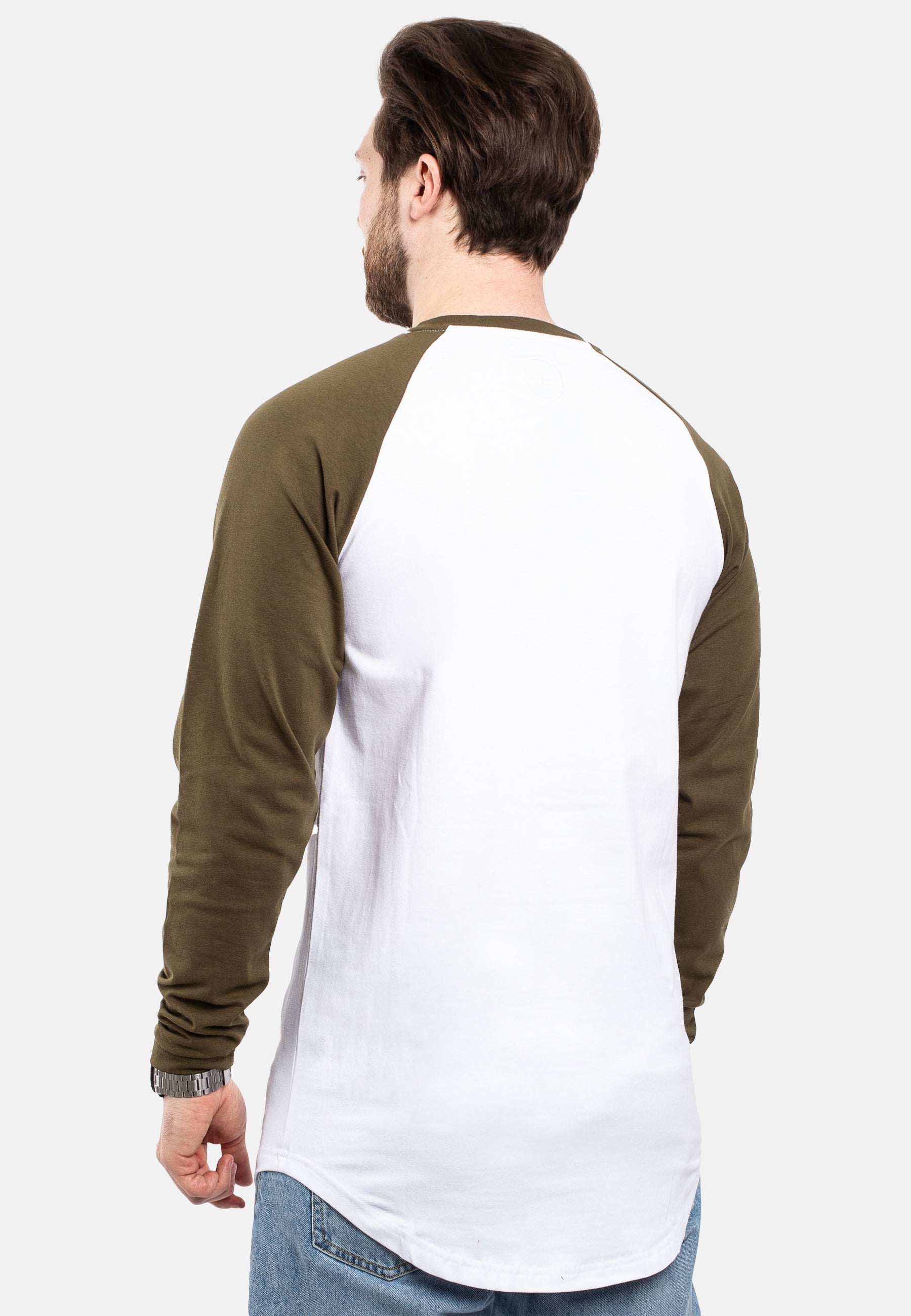 Blackskies-Longline-Baseball-Long-Sleeve-T-Shirt-White-Olive-Mens-Long-Tee-Back