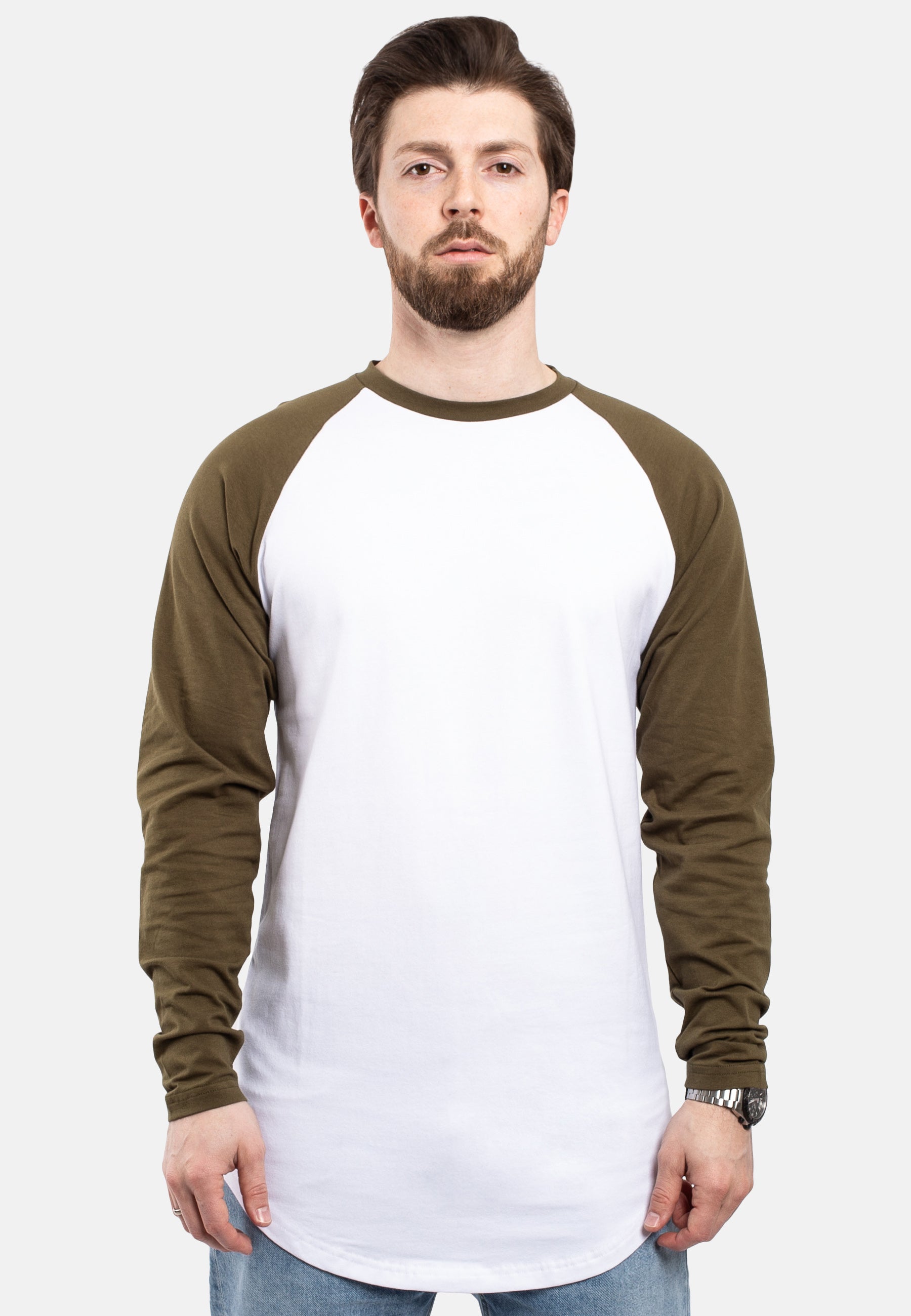 Blackskies-Longline-Baseball-Long-Sleeve-T-Shirt-White-Olive-Mens-Long-Tee-Front