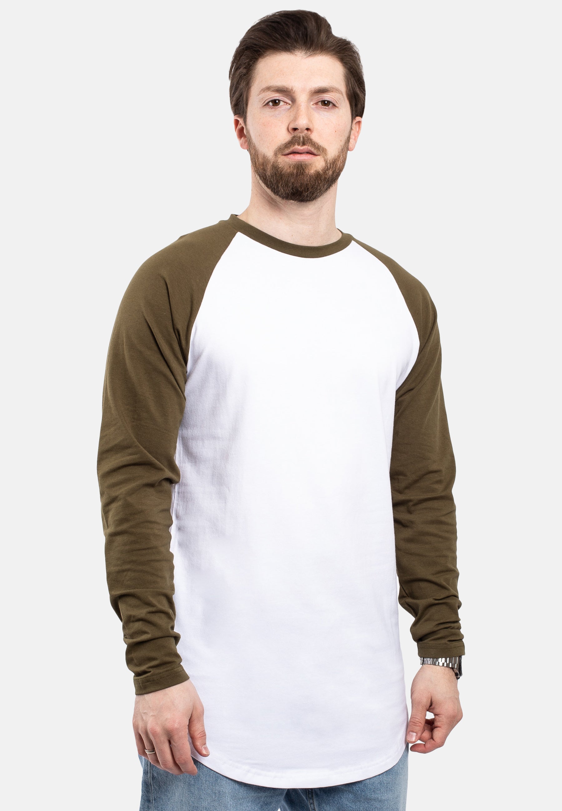 Blackskies-Longline-Baseball-Long-Sleeve-T-Shirt-White-Olive-Mens-Long-Tee-Pose