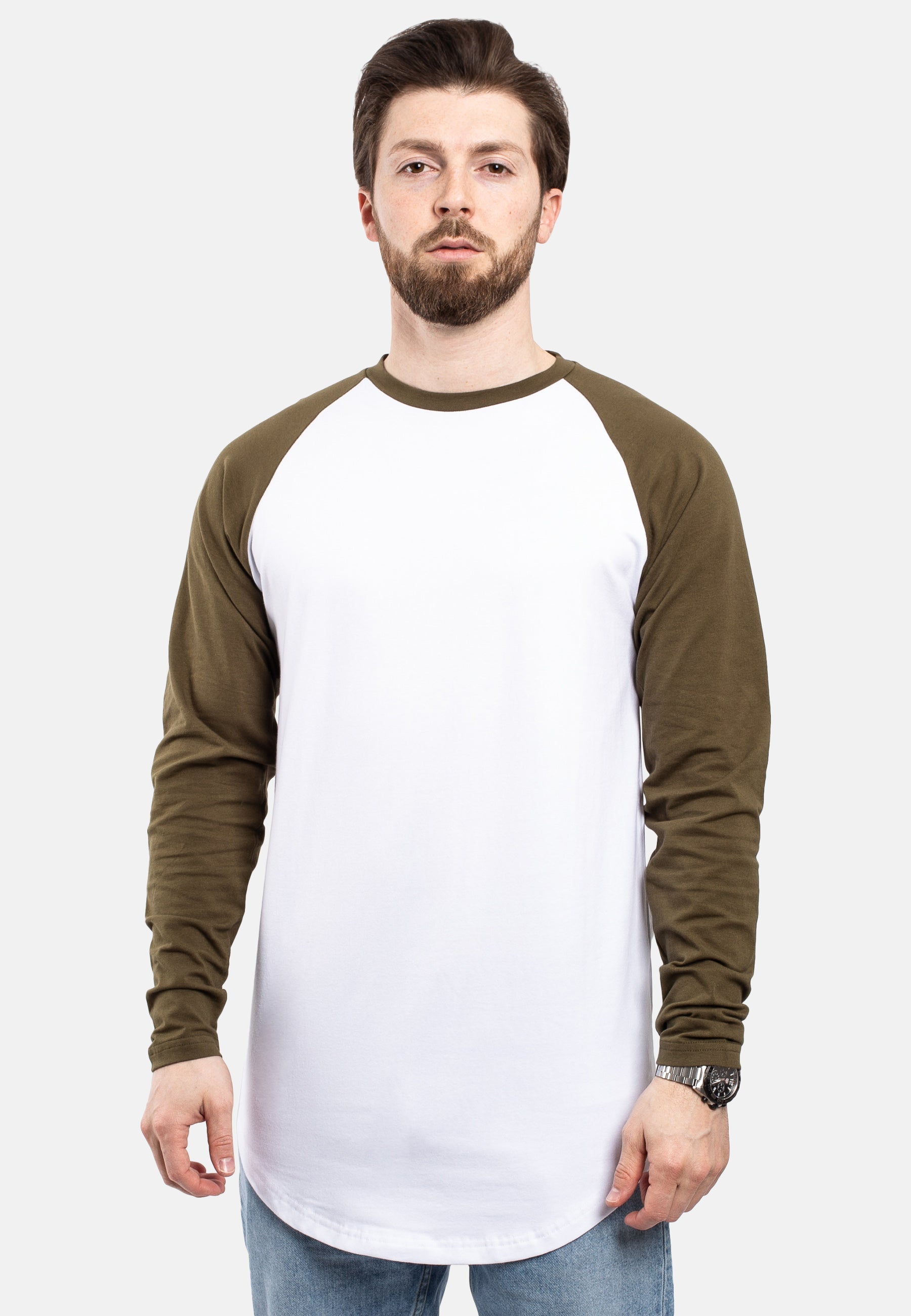 Blackskies-Longline-Baseball-Long-Sleeve-T-Shirt-White-Olive-Mens-Long-Tee-Side