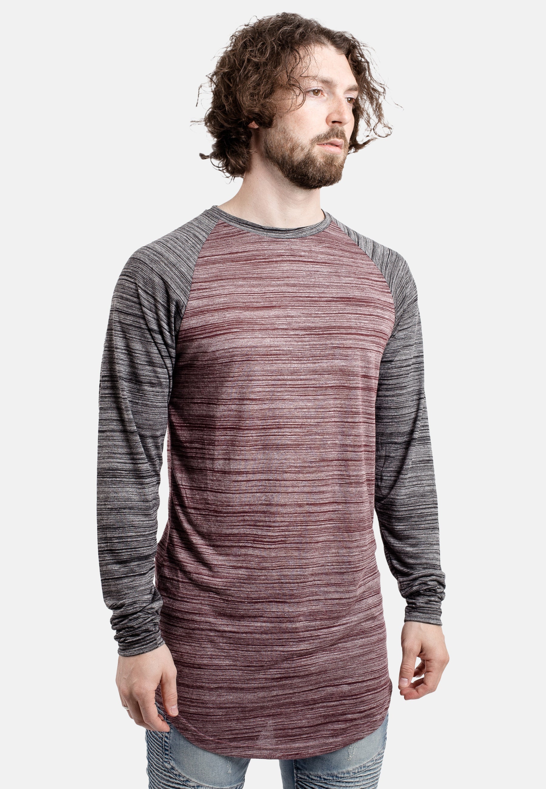Blackskies-Longline-Baseball-T-Shirt-Maroon-Black-Melange-Curved-Elongated-Side