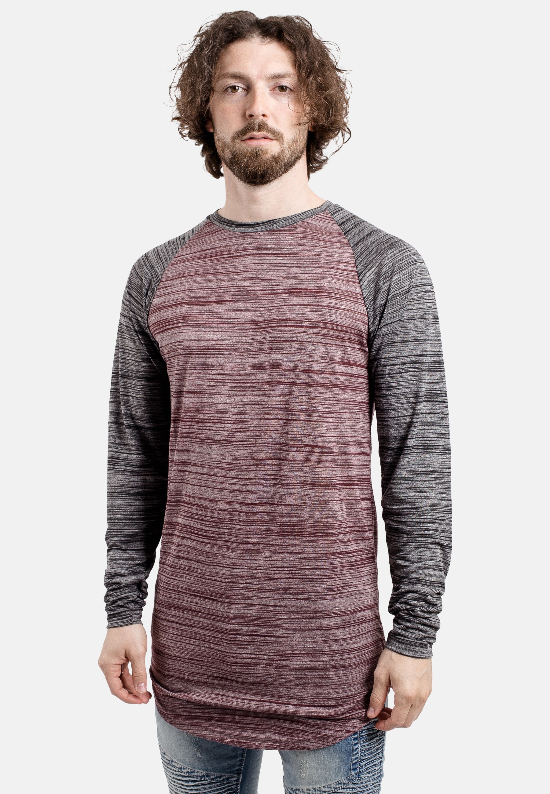 Blackskies-Longline-Baseball-T-Shirt-Maroon-Black-Melange-Curved-Side