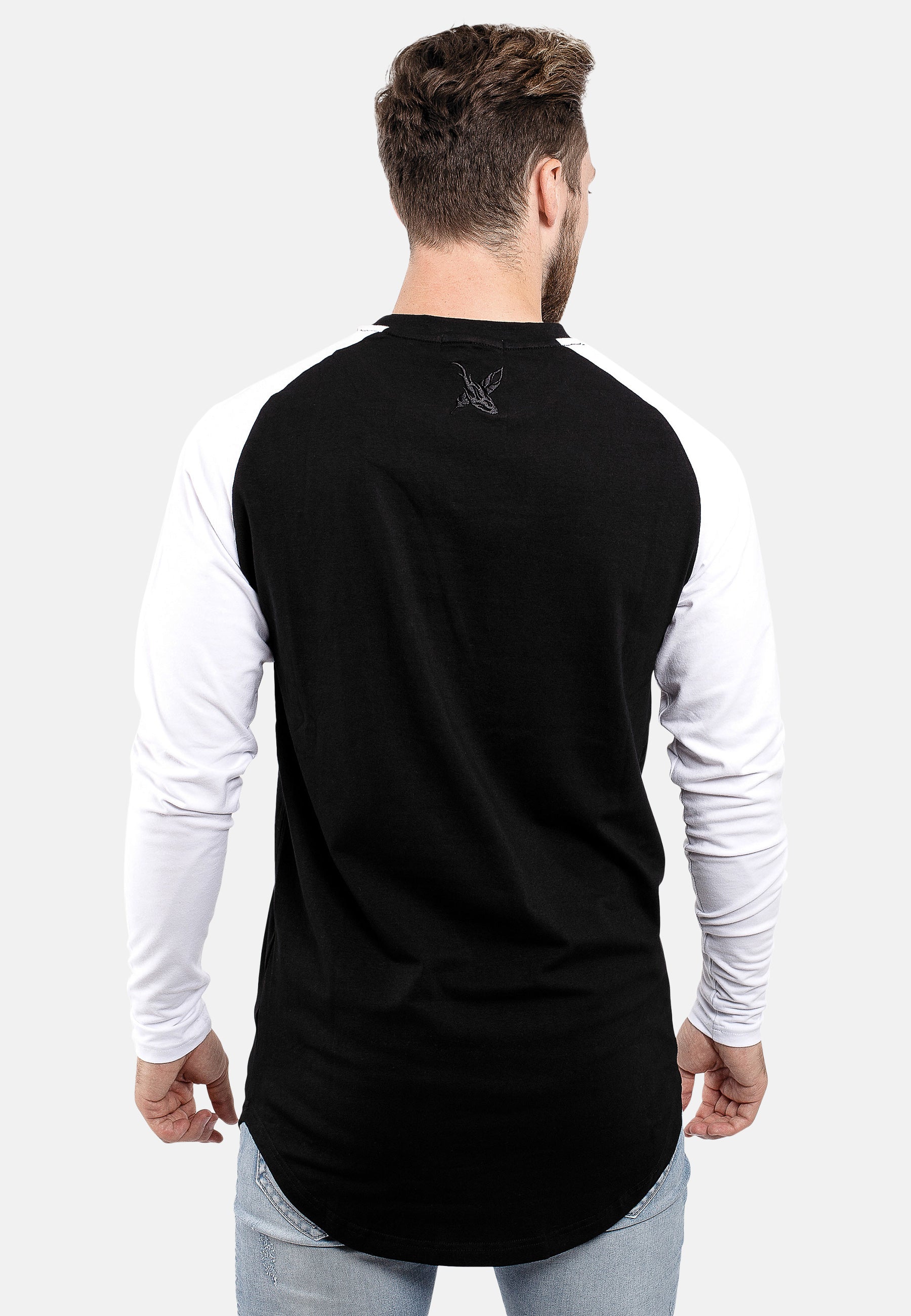 Blackskies-Longline-Long-Sleeved-Baseball-T-Shirt-Black-White-Back