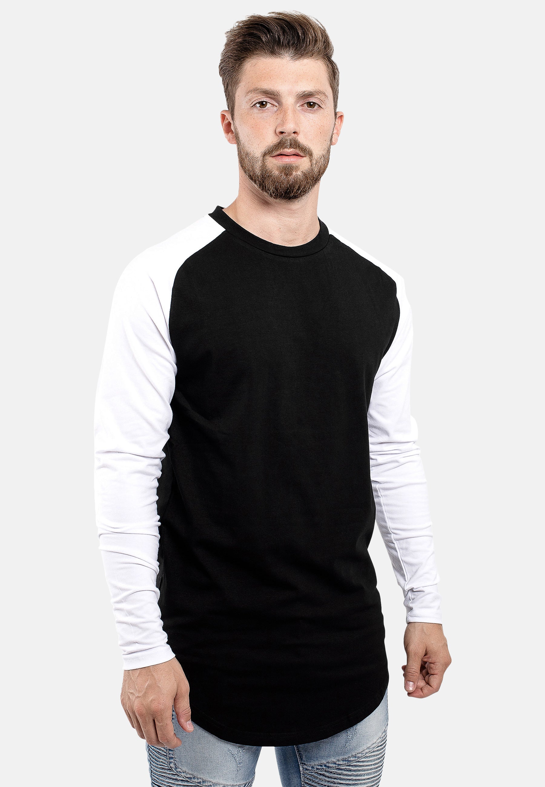Blackskies-Longline-Long-Sleeved-Baseball-T-Shirt-Black-White-Front
