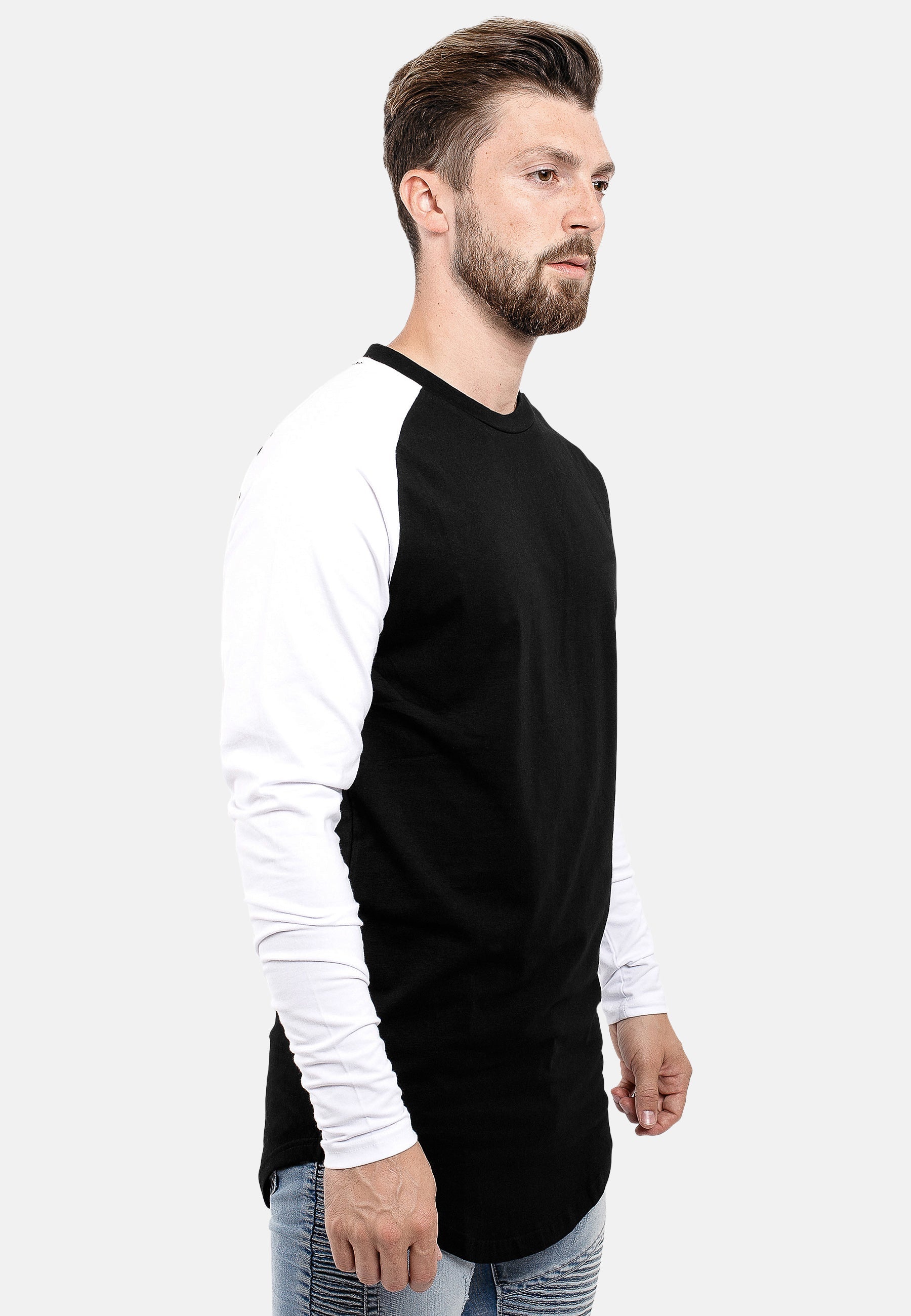 Blackskies-Longline-Long-Sleeved-Baseball-T-Shirt-Black-White-Side-2