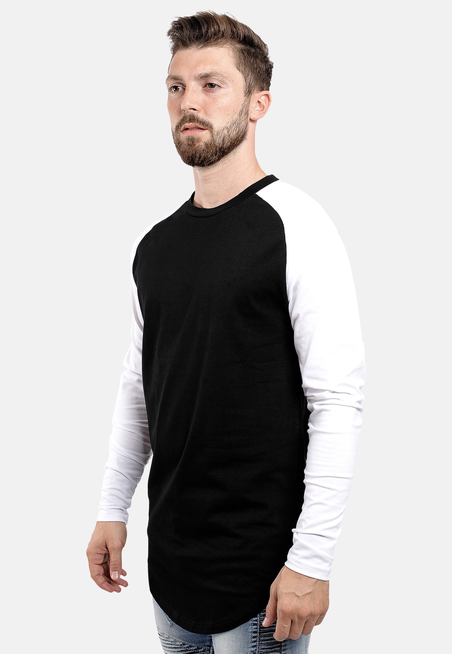 Blackskies-Longline-Long-Sleeved-Baseball-T-Shirt-Black-White-Side