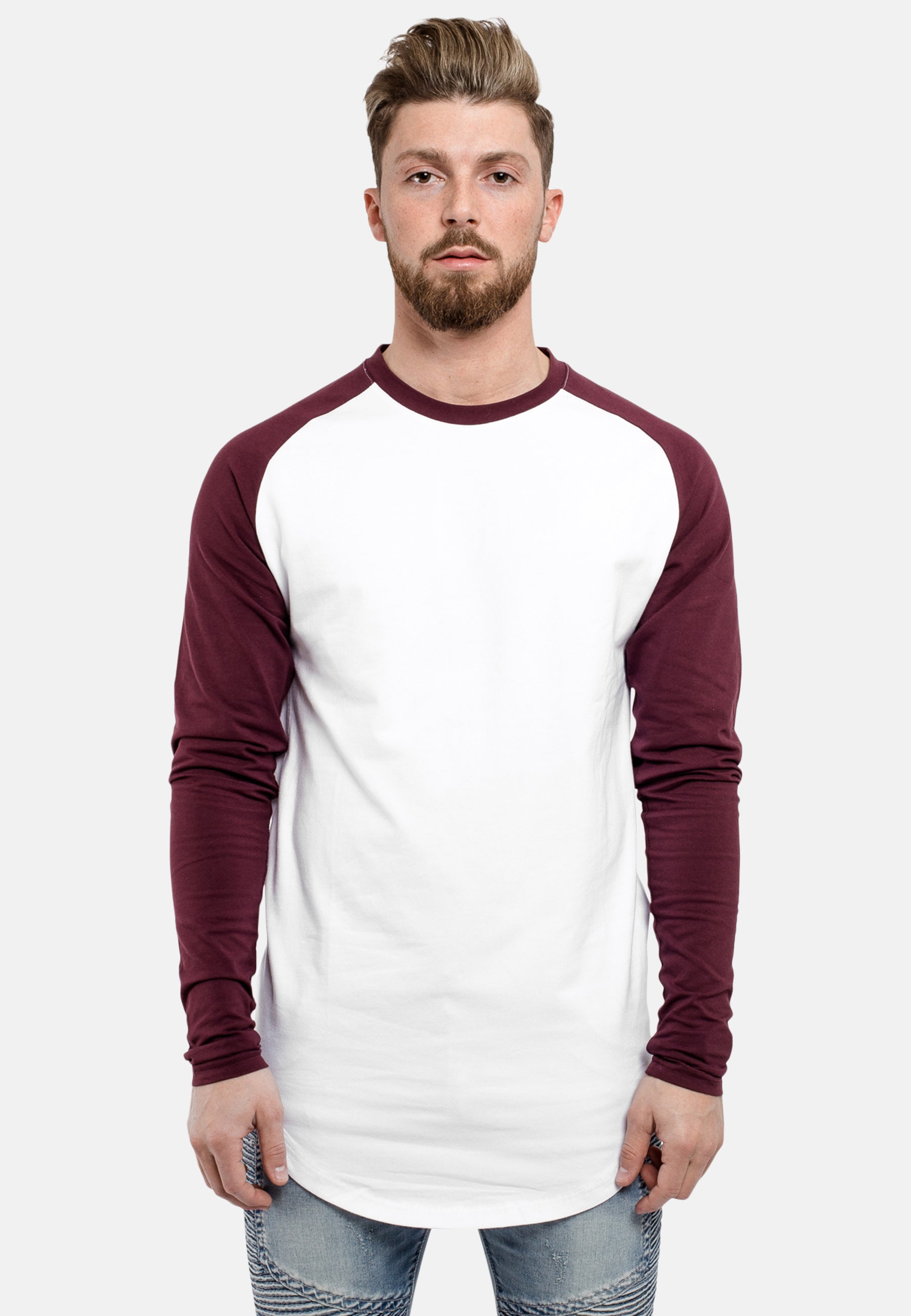 Blackskies-Longline-Long-Sleeved-Baseball-T-Shirt-White-Burgundy-Front