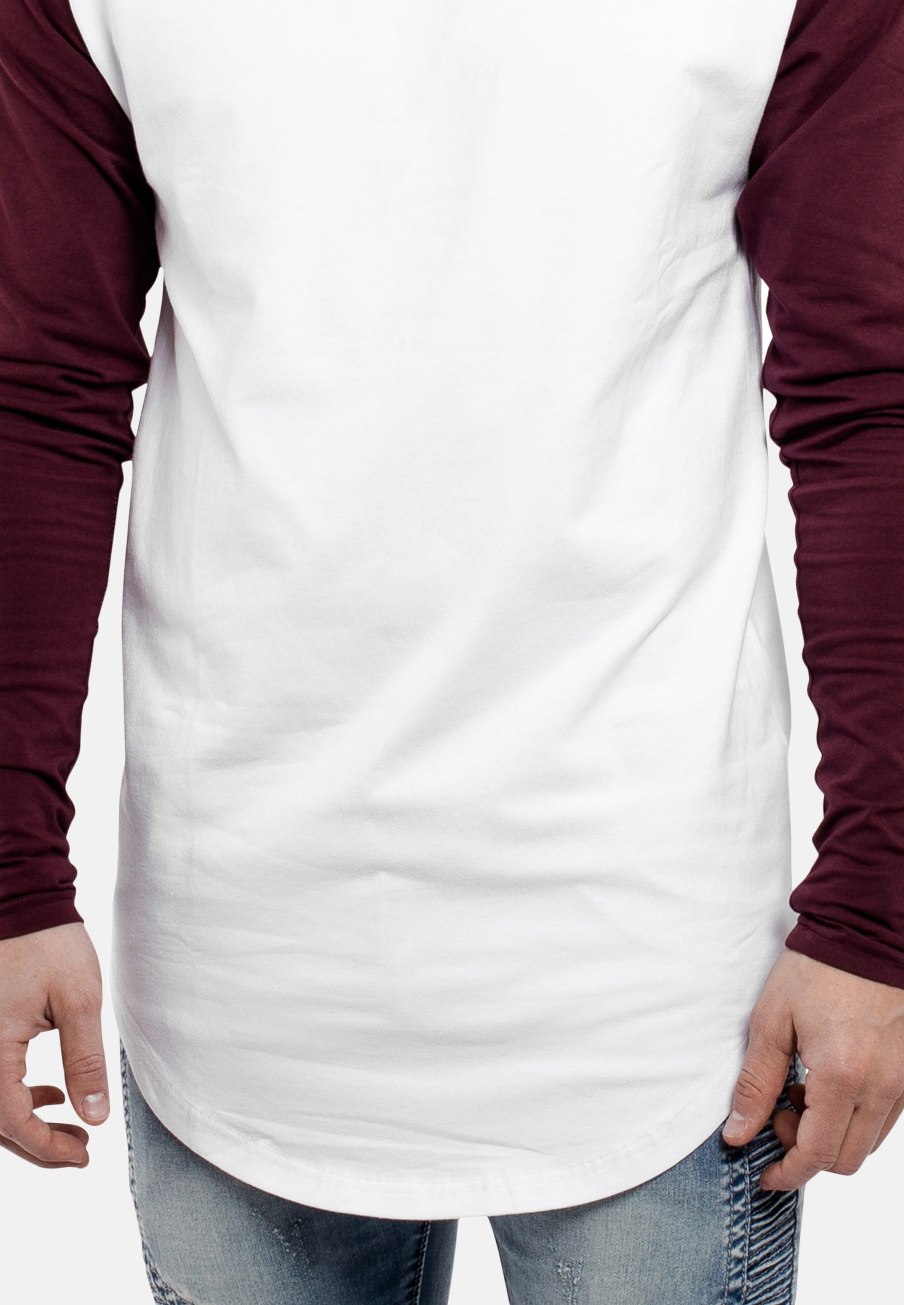 Blackskies-Longline-Long-Sleeved-Baseball-T-Shirt-White-Burgundy-Side