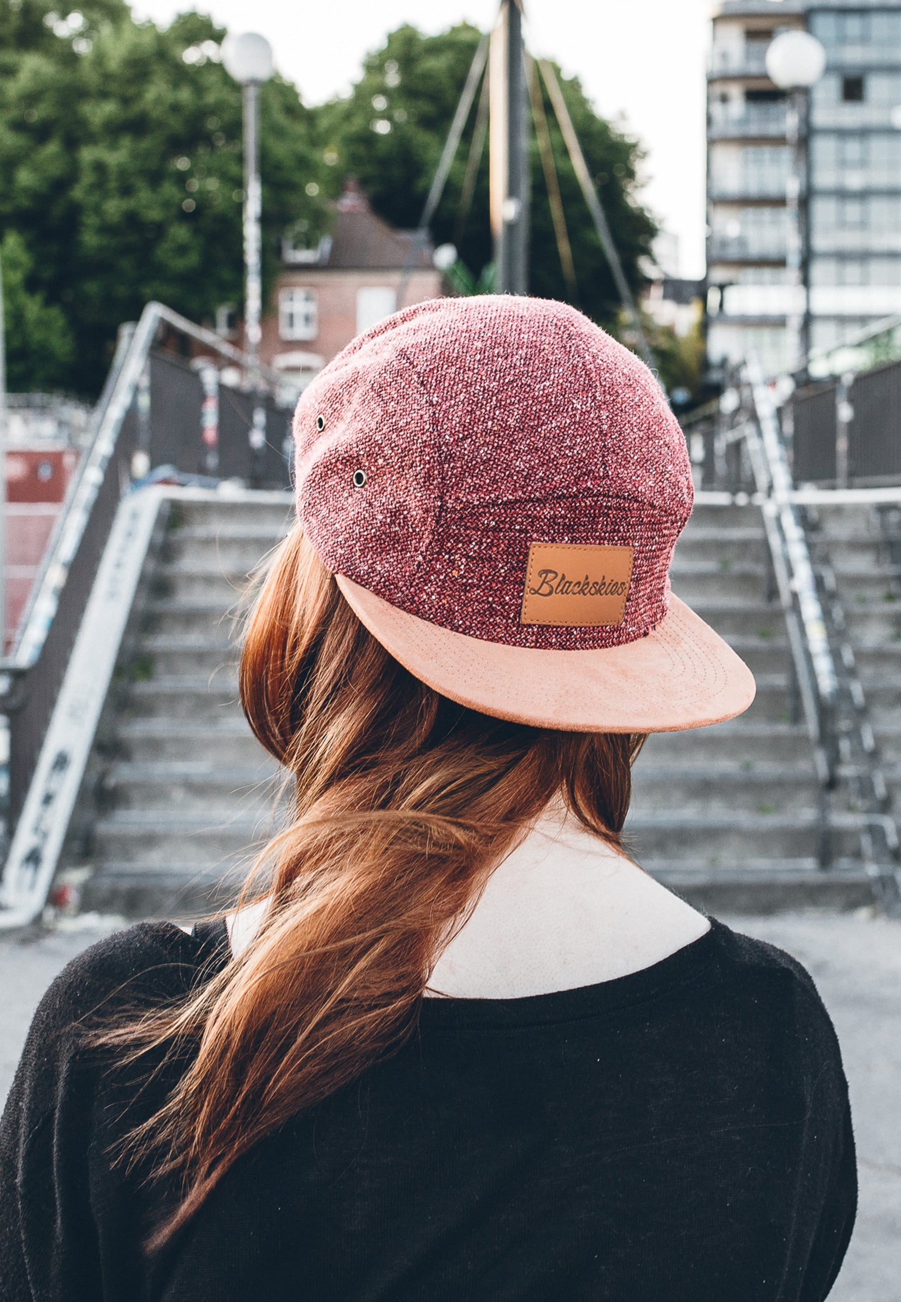 Blackskies-Obsidian-5-Panel-Cap-Maroon-Brown-Wool-Suede-Bottom-Model