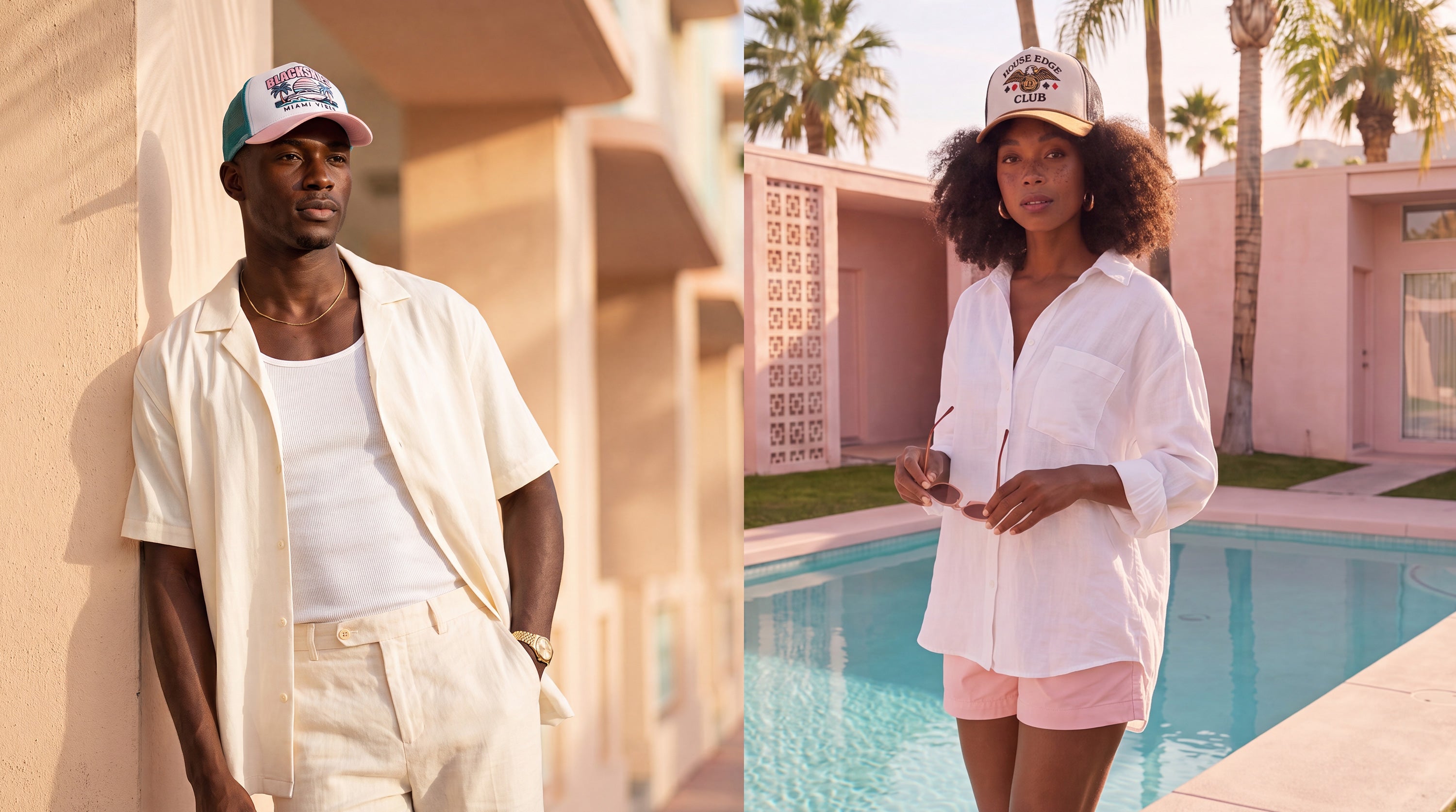 A split-screen lifestyle image showing two models wearing matching white button-down shirts and white shorts. The man on the left is leaning against a beige stucco wall, and the woman on the right is standing next to a swimming pool.