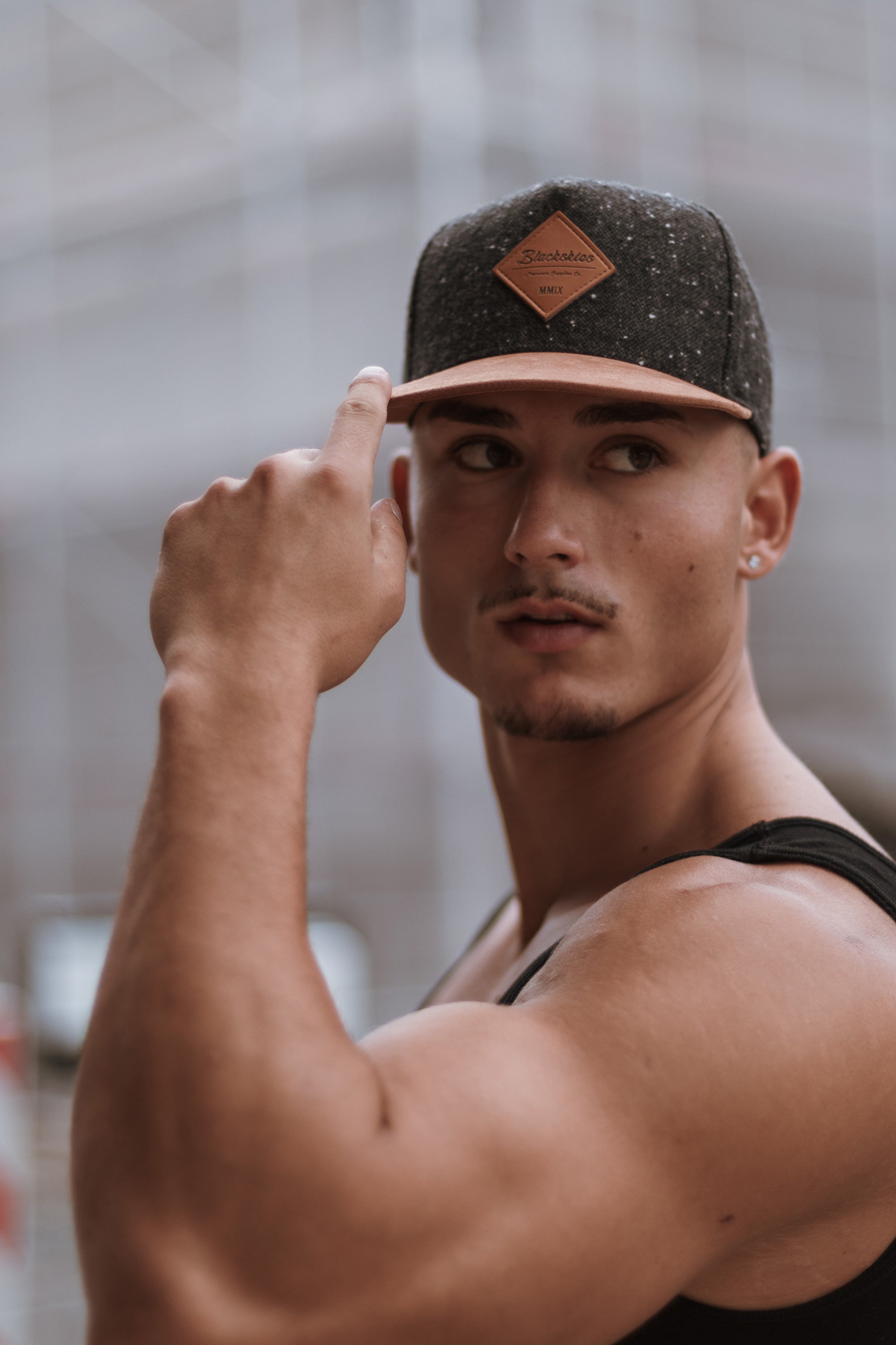 Blackskies-Port-Dover-Snapback-Cap-Black-Speckle-Beige-Suede-Model-3