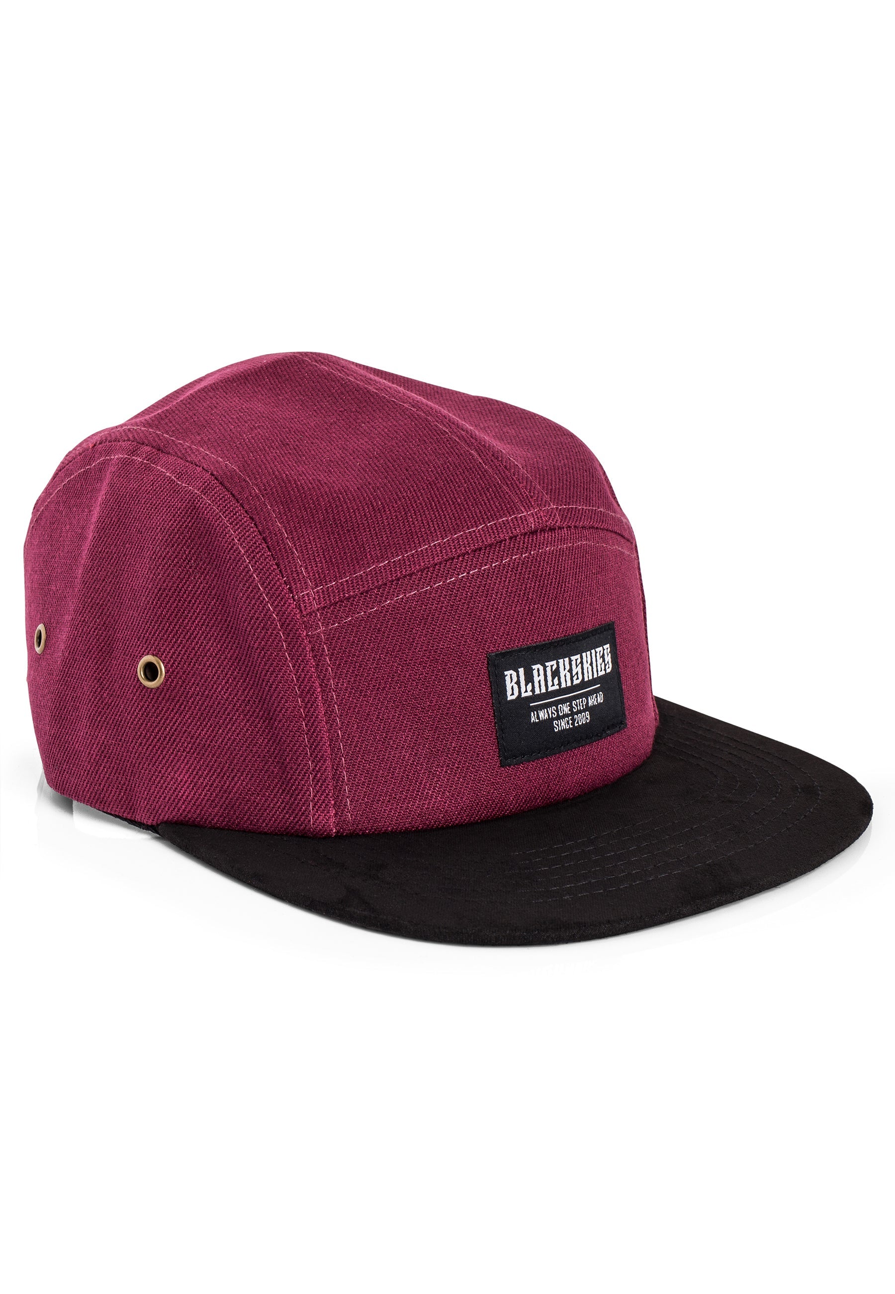 Blackskies-Port-Townsend-5-Panel-Cap-Black-Maroon-Camp-Hat-Specs