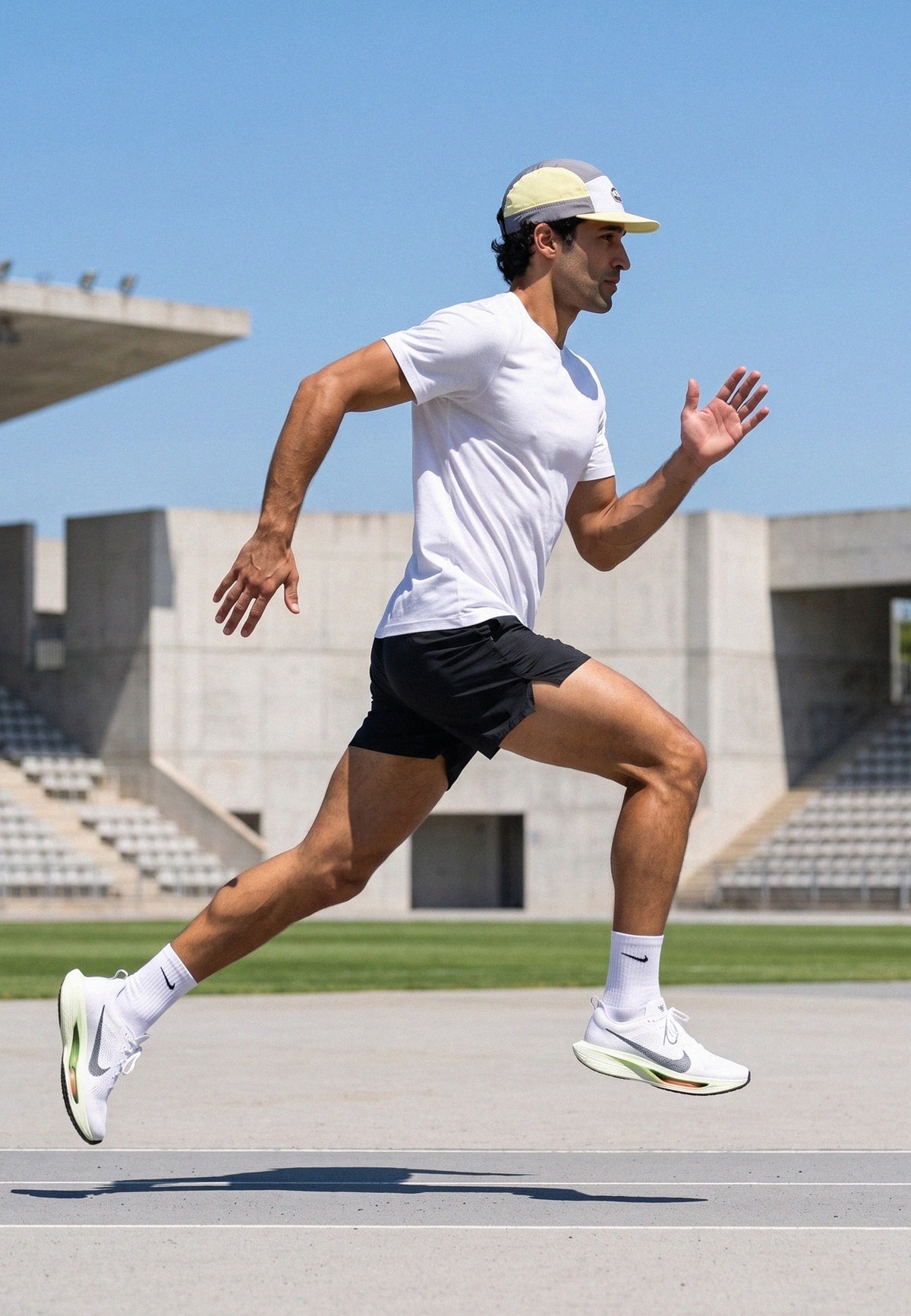 A man running on an athletic track wearing a white t-shirt, black athletic shorts, white Nike socks, white Nike running shoes with green accents, and a beige and white visor. The background shows concrete stadium seating and a clear blue sky.
