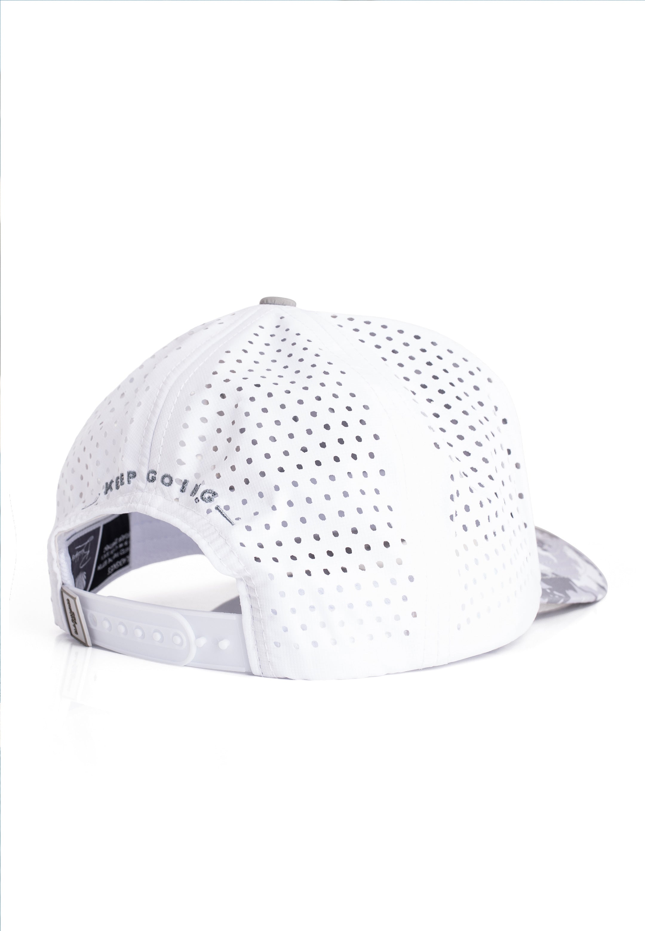 White baseball cap with perforated design on a white background
