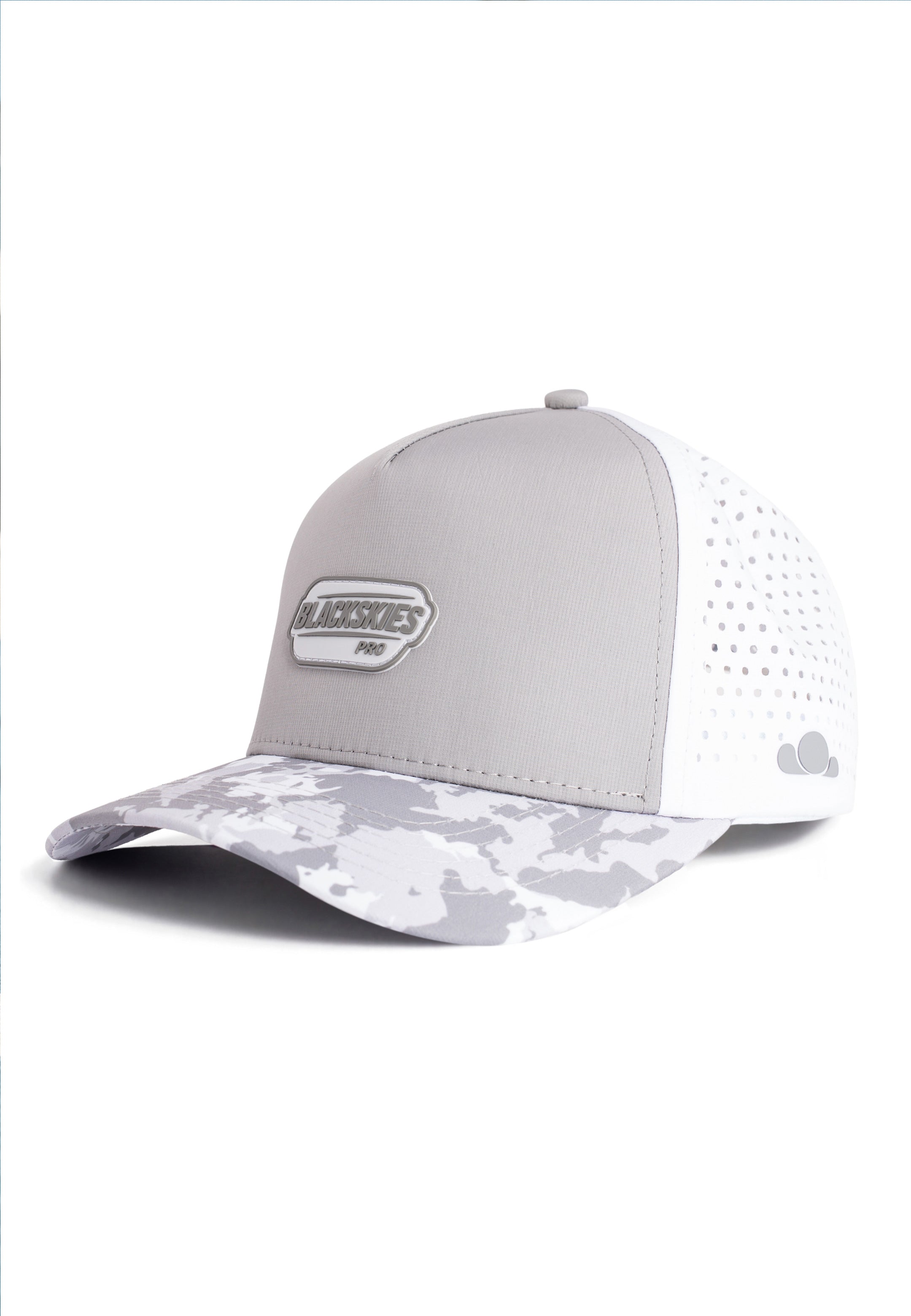 Gray and camouflage baseball cap on a white background