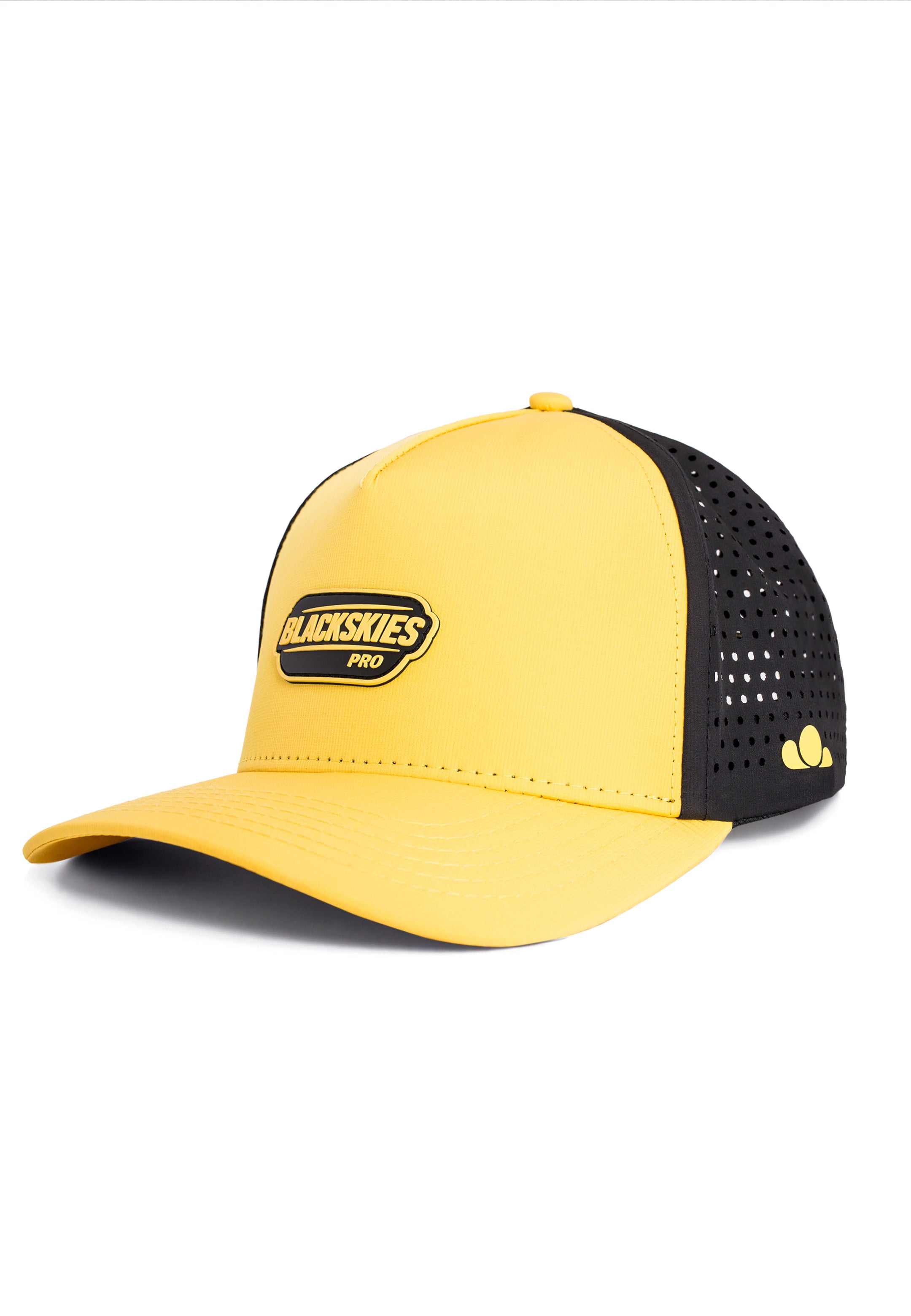 Yellow and black cap with a visible brand logo on a white background