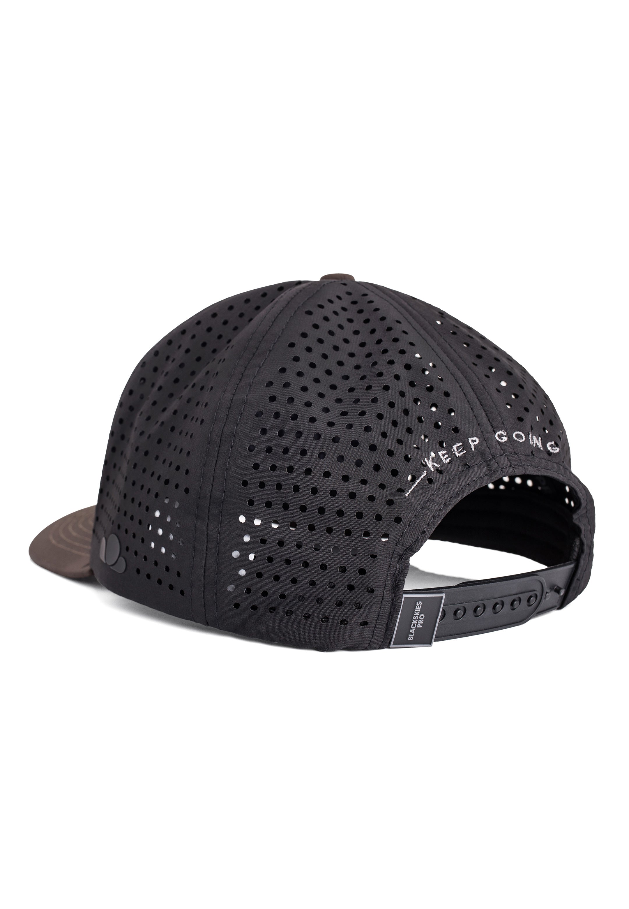 Black perforated cap with 'Keep Going' text on a white background