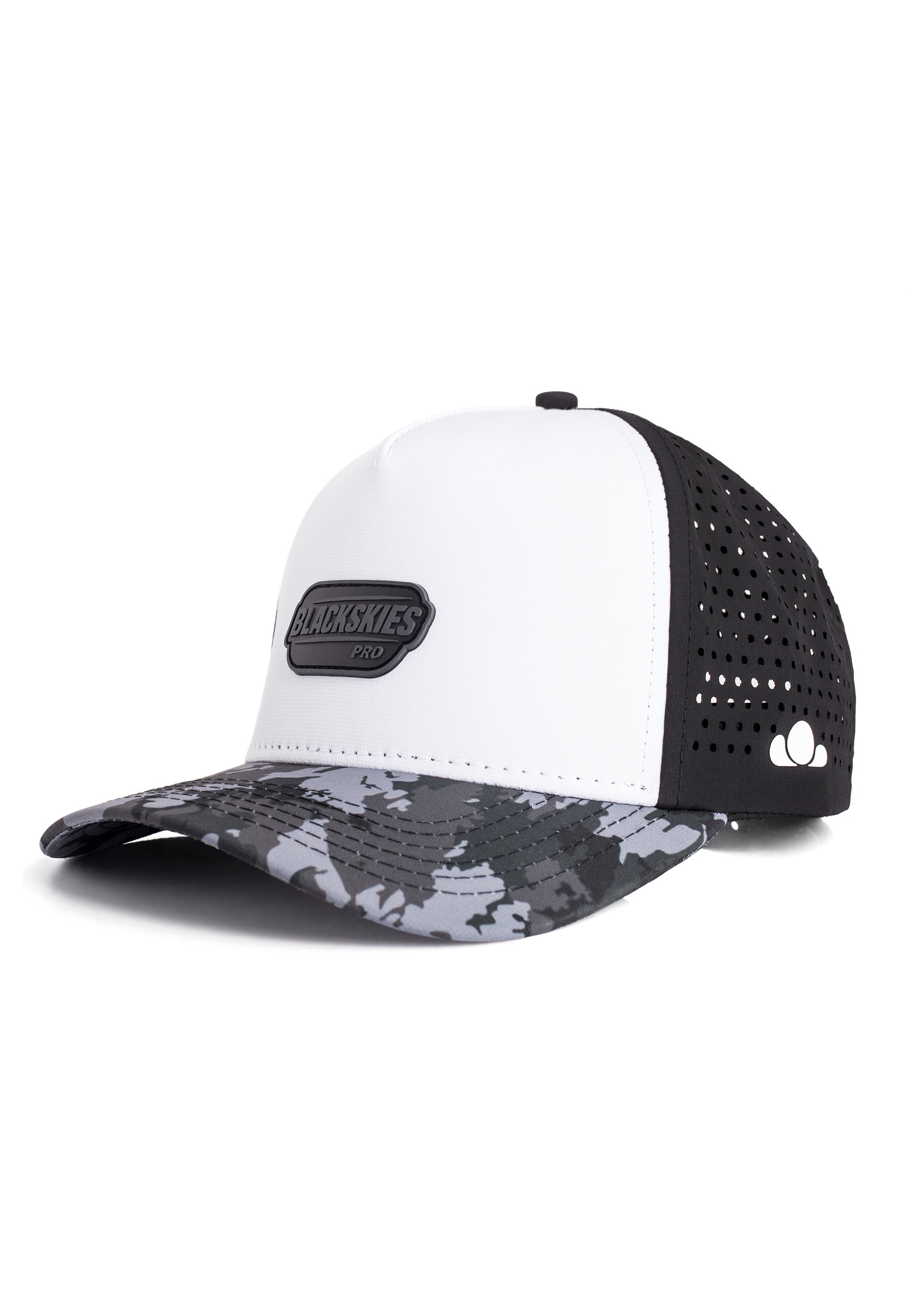Black and white cap with camouflage pattern on a white background