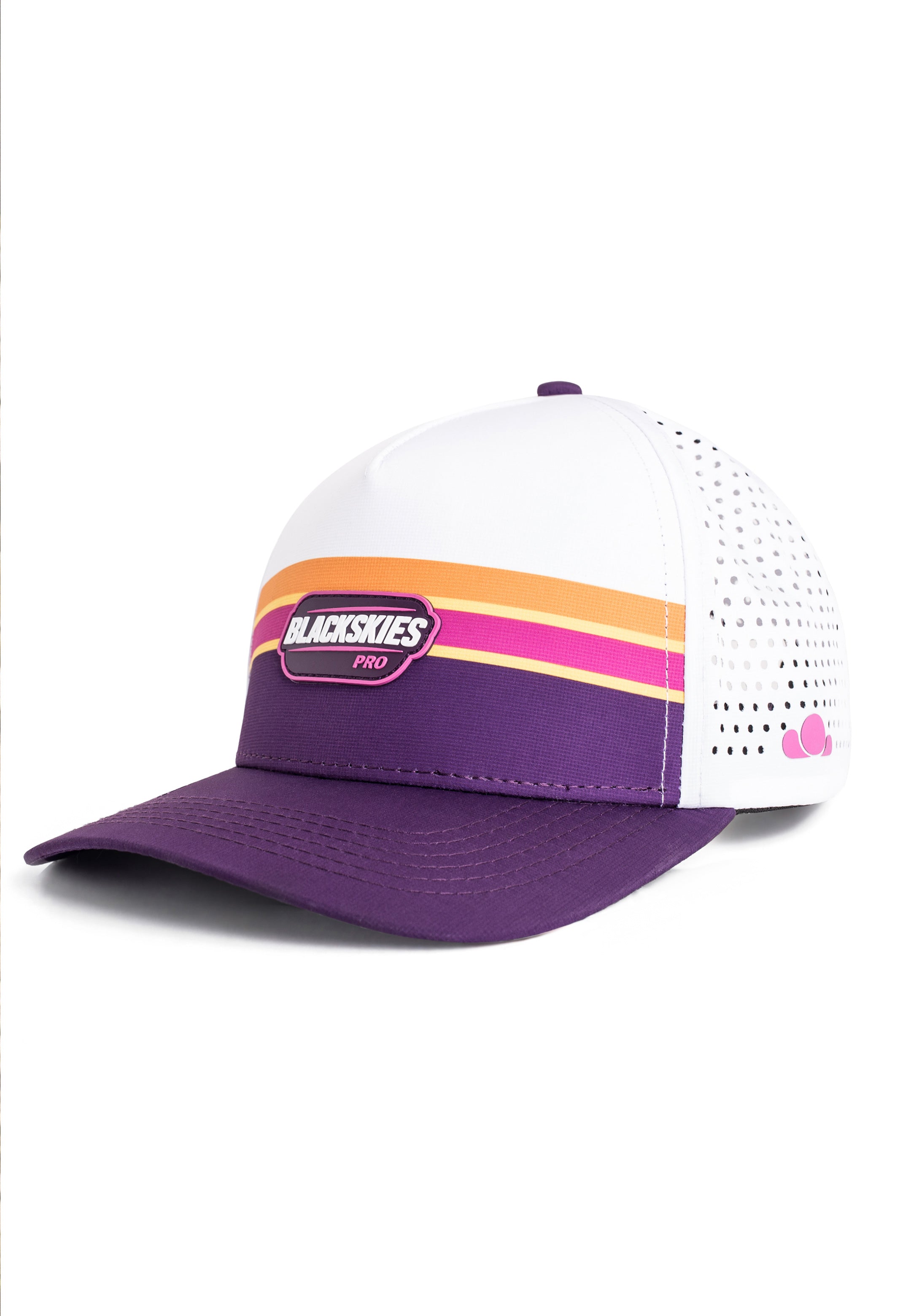 Purple and white cap with colorful stripes on a white background