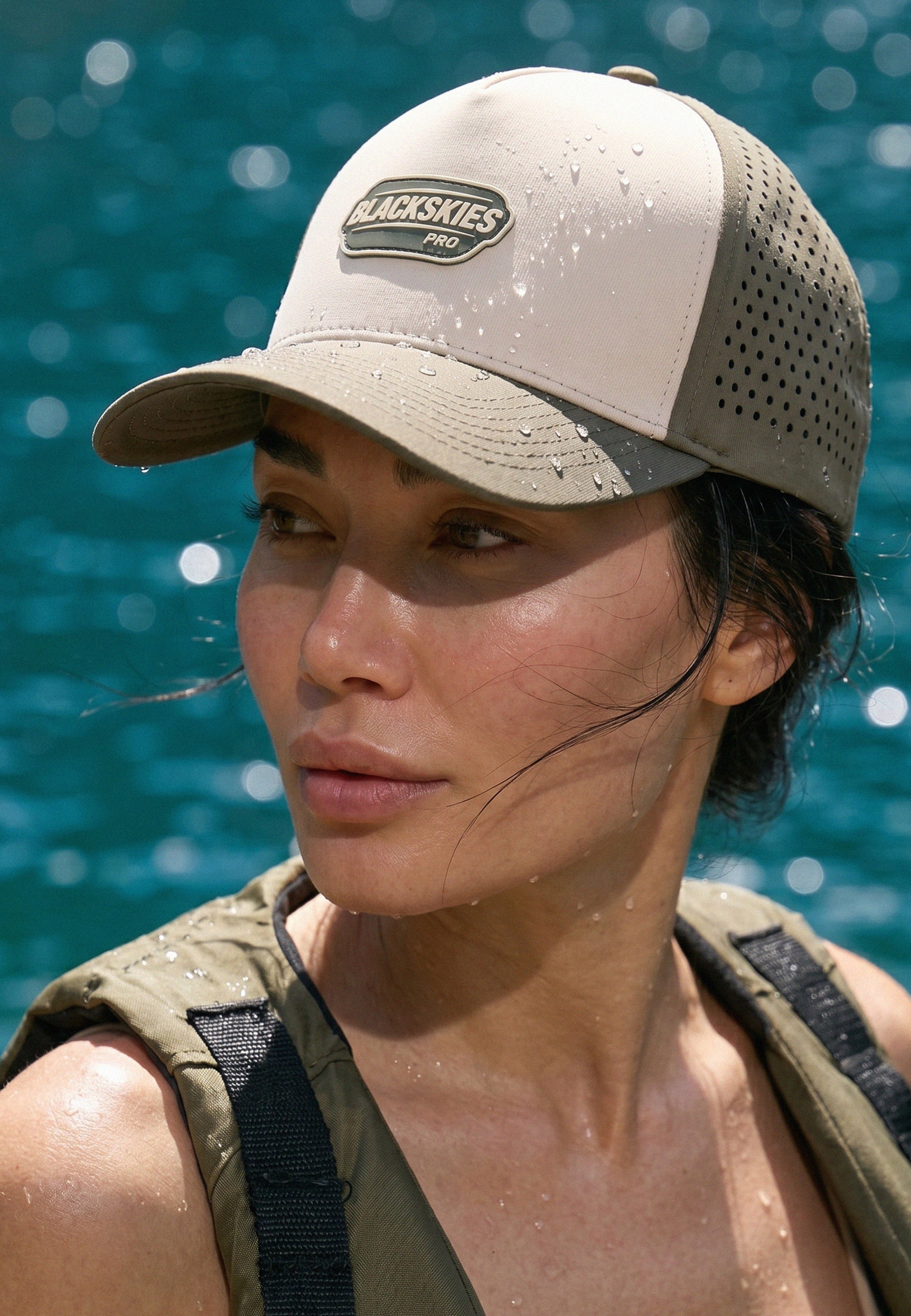 Person wearing a beige cap with 'Blackskies' logo and green sleeveless shirt against a blue water background