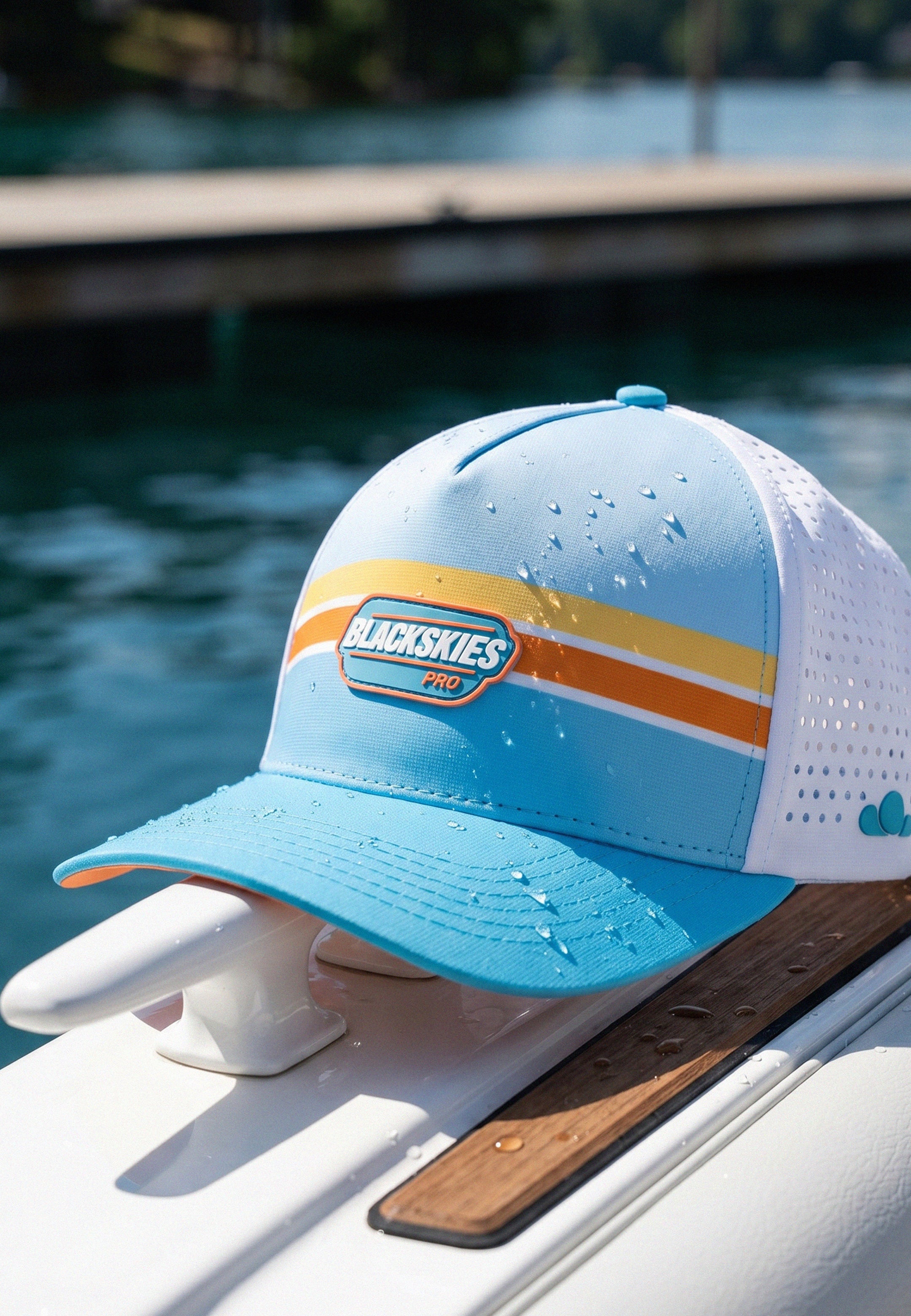 Blue and white cap with a brand logo on a boat against a water background