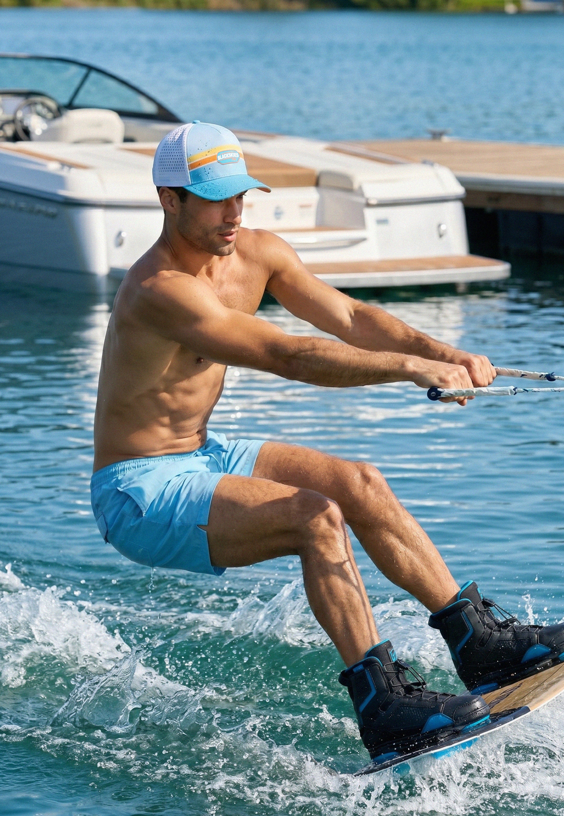 Man water skiing on a lake with a boat in the background
