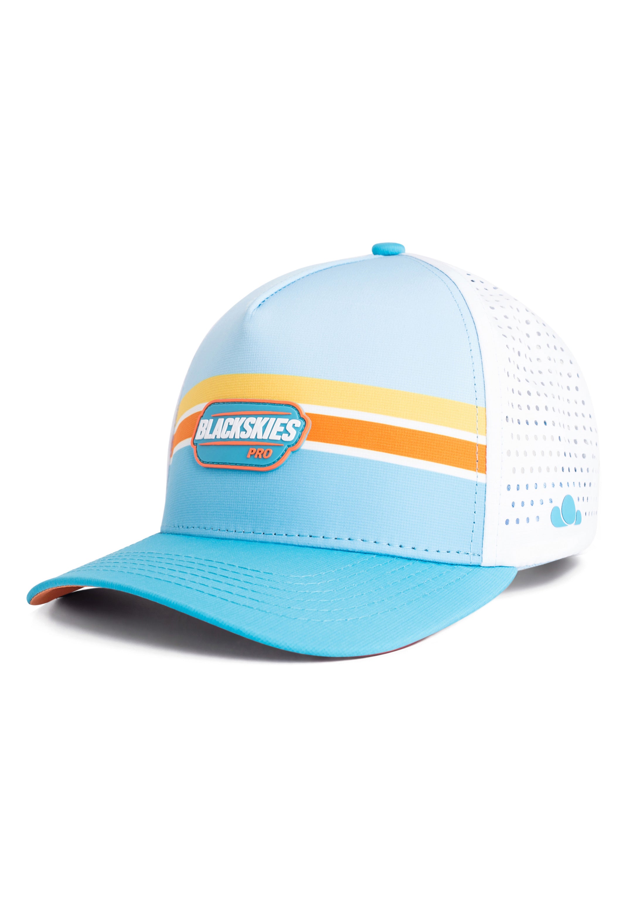 Blue cap with white mesh back and colorful stripes on a white background