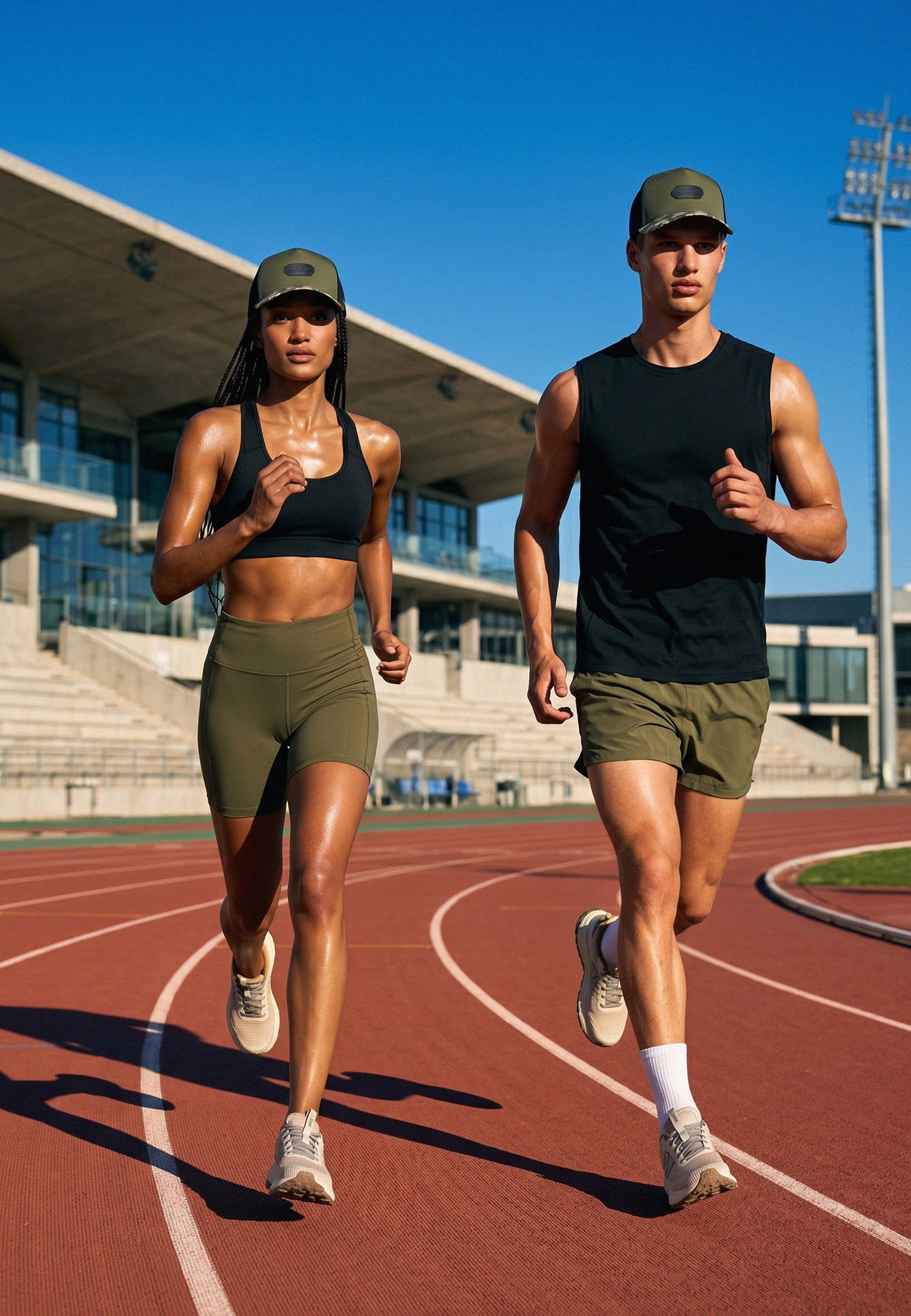 Two runners on a track wearing matching athletic outfits with green and black colors.
