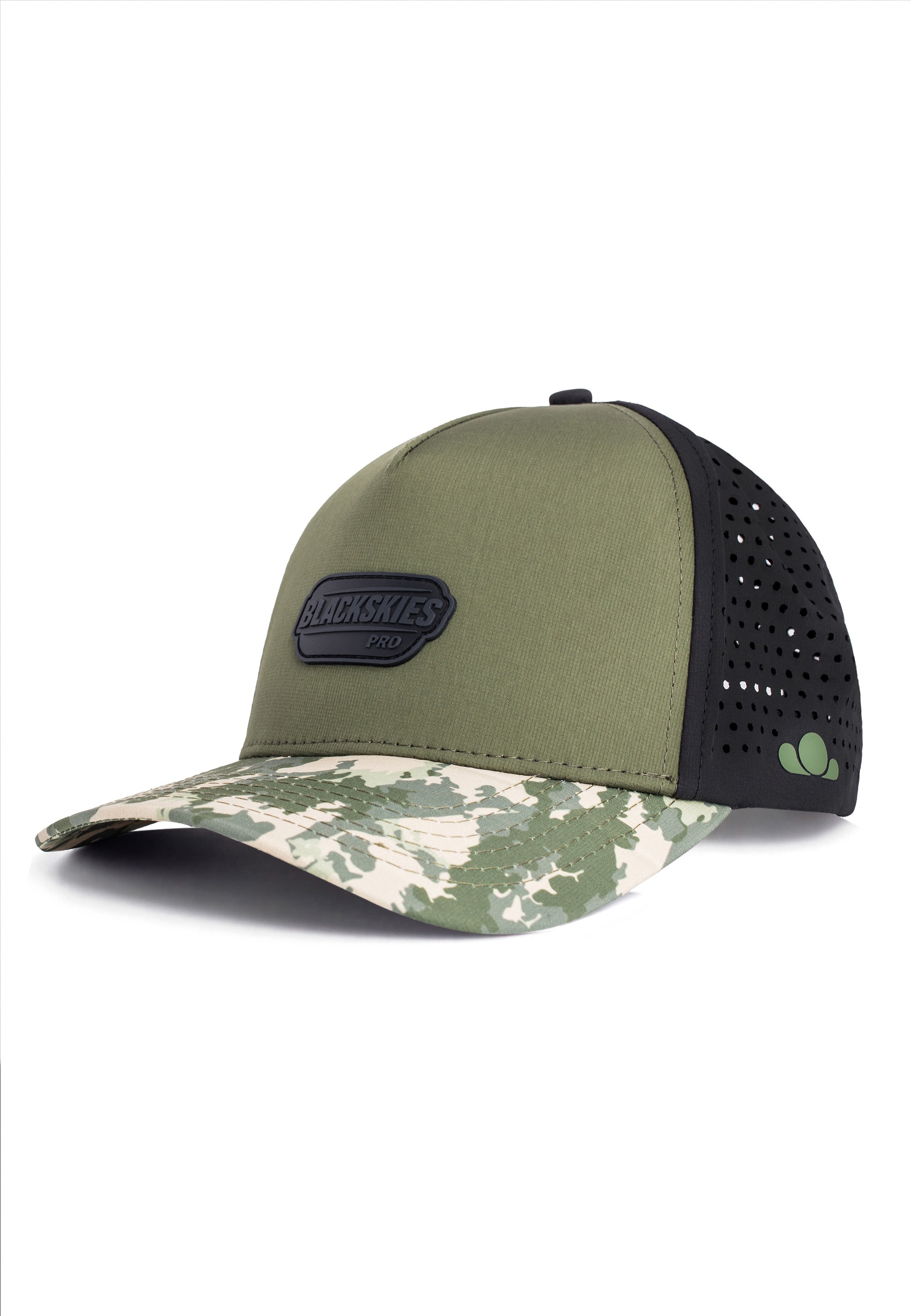Green and black cap with camouflage pattern on a white background