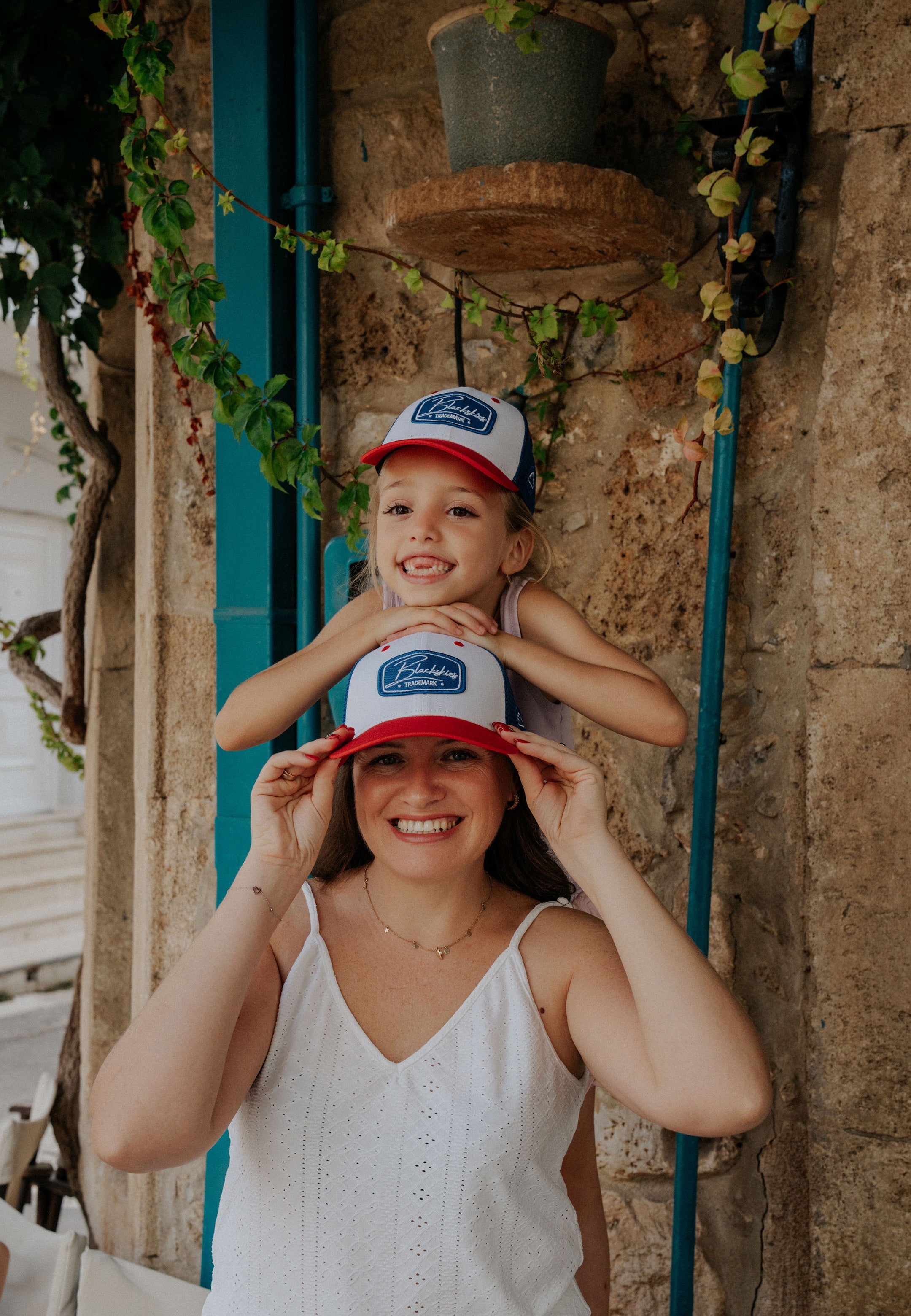 Gorra de béisbol de carrera Set de 2 Blanco-Azul-Rojo - Gorra para adulto + Gorra para niños