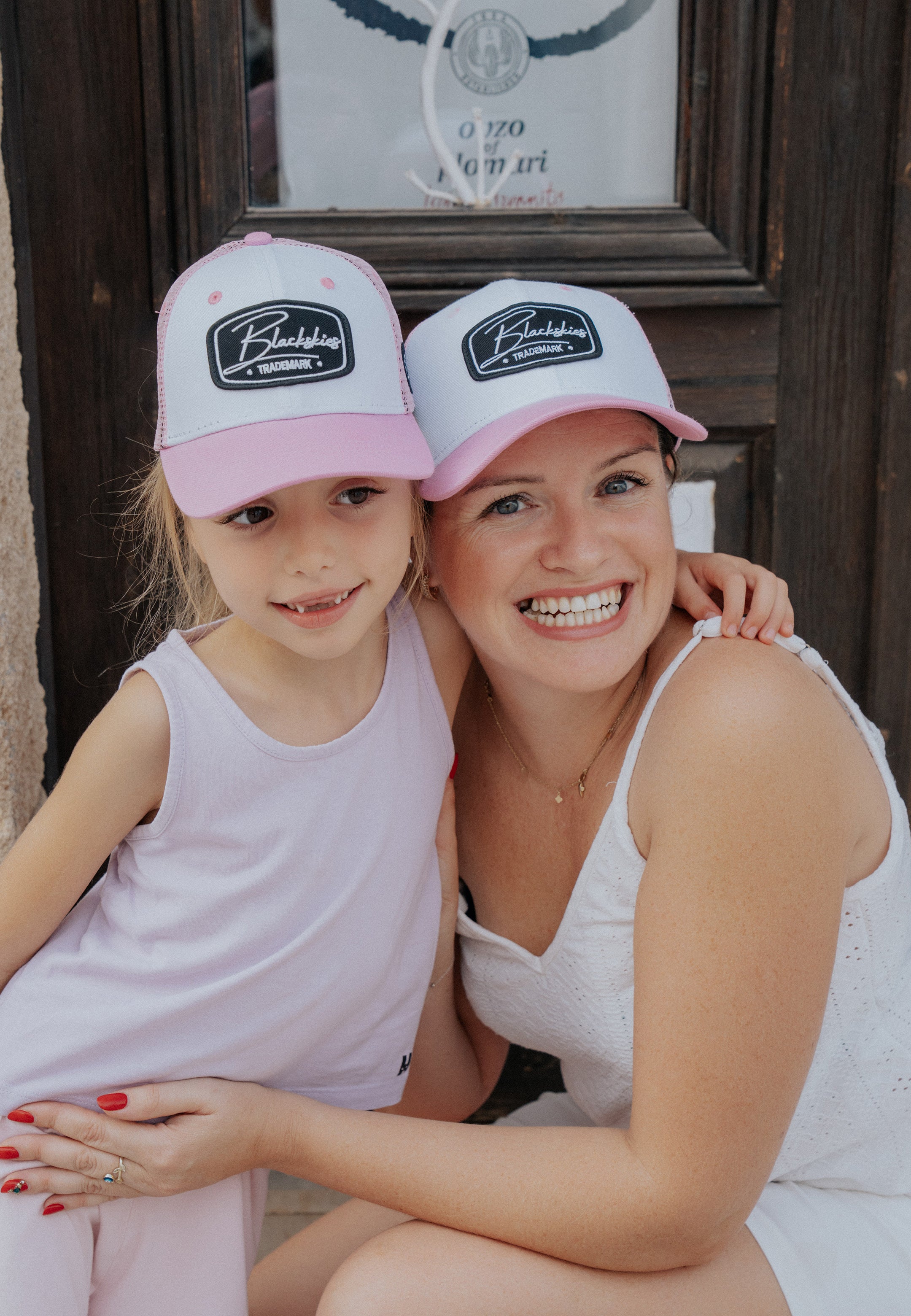 Race Baseball Cap Set of 2 Set White-Pink - Adult Cap + Kids Cap