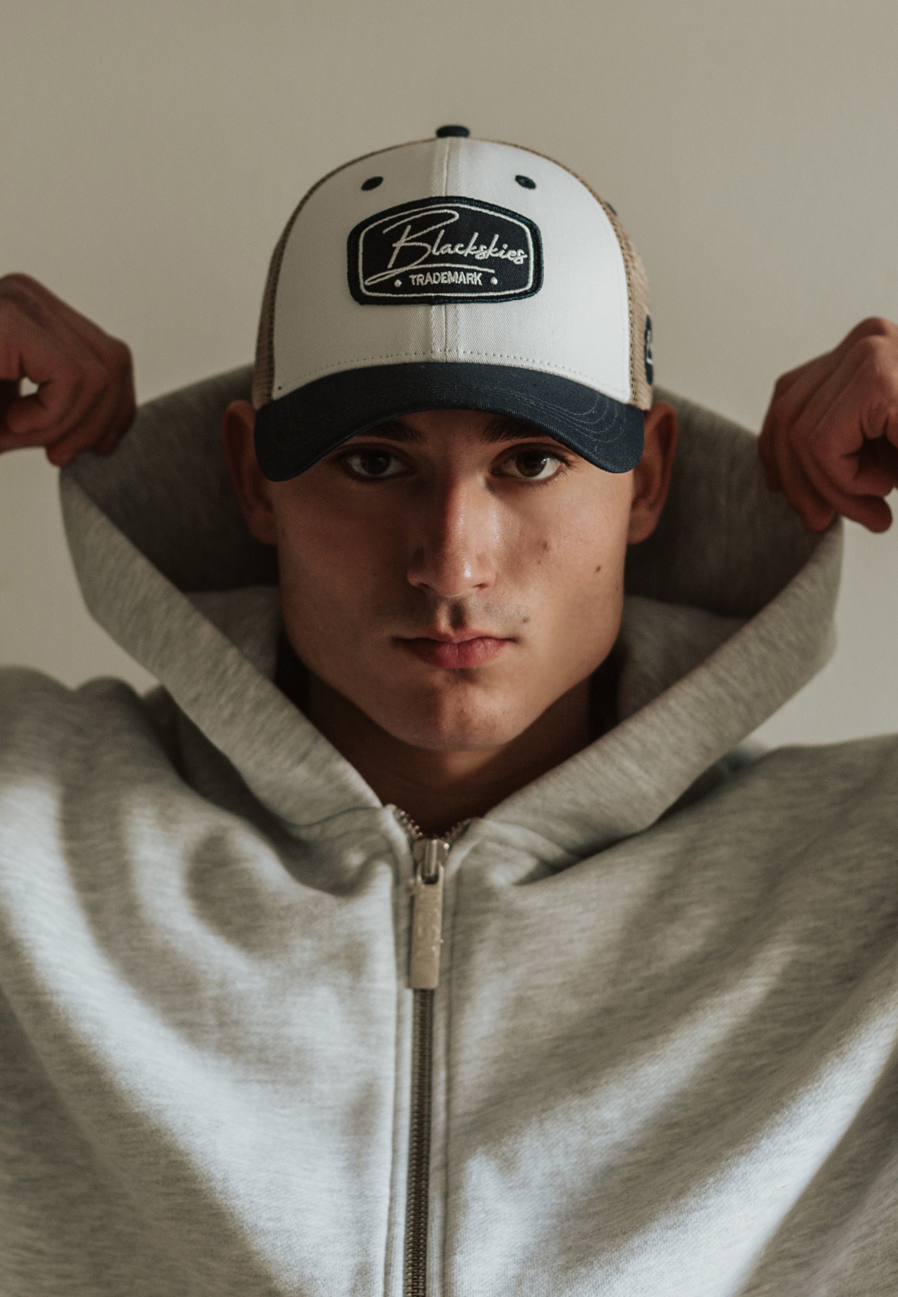 Blackskies-Race-Baseball-Cap-Trucker-Mesh-Womens-Mens-Grey-Navyblue-Model