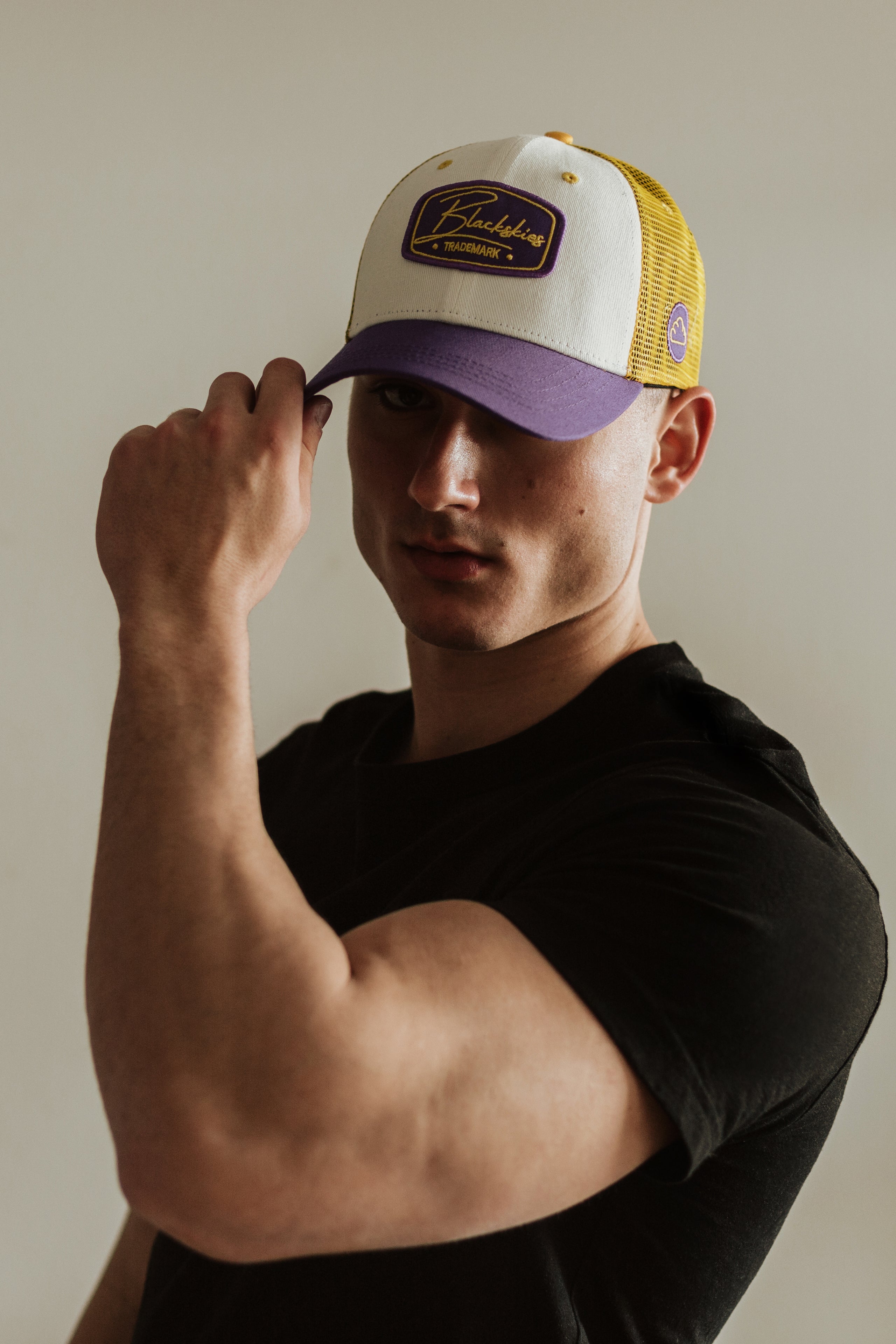 Blackskies-Race-Baseball-Cap-White-Yellow-Purple-Model-2