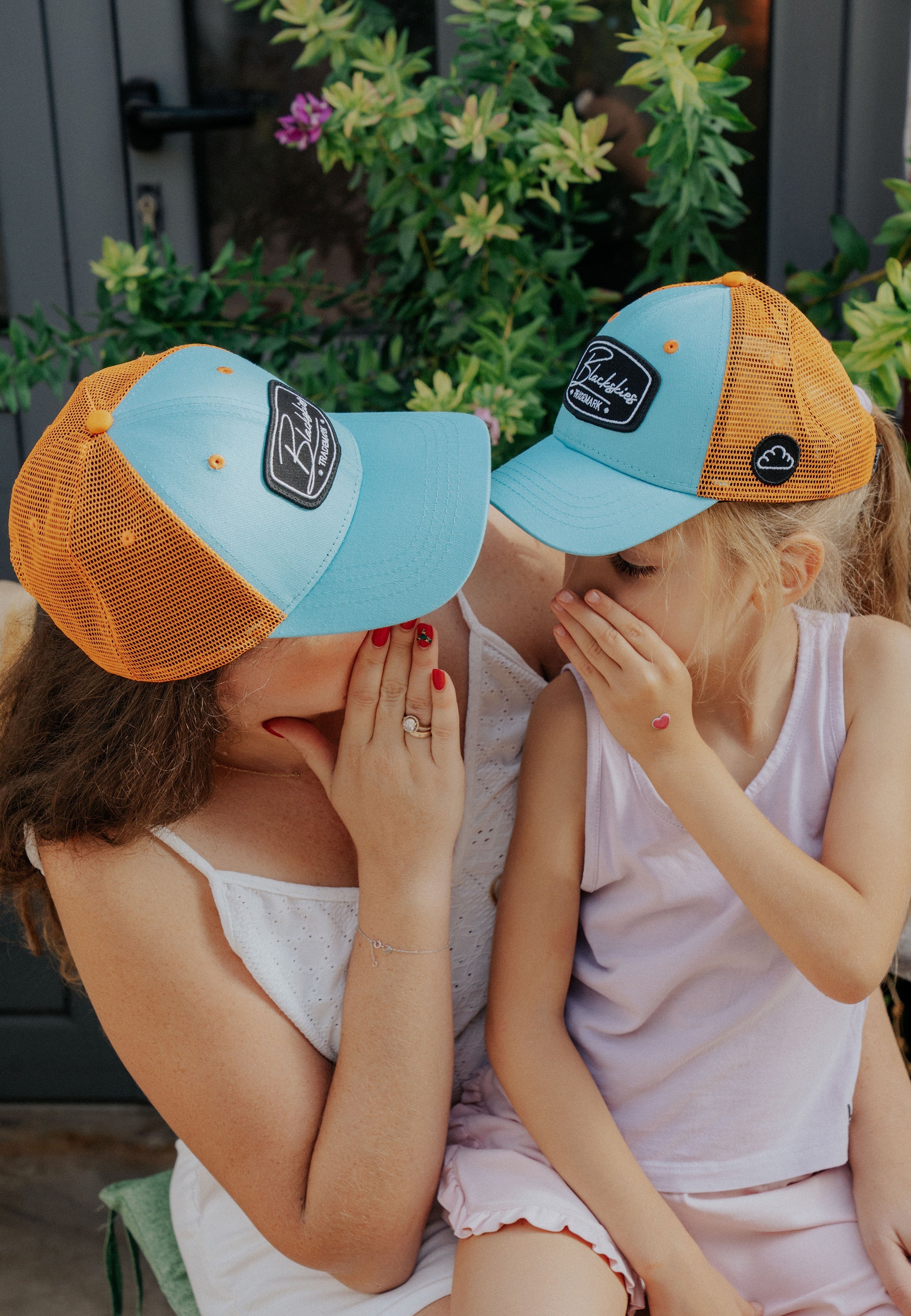 Set de 2 Gorras de Béisbol de Carrera Azul Claro-Naranja - Gorra para Adulto + Gorra para Niños