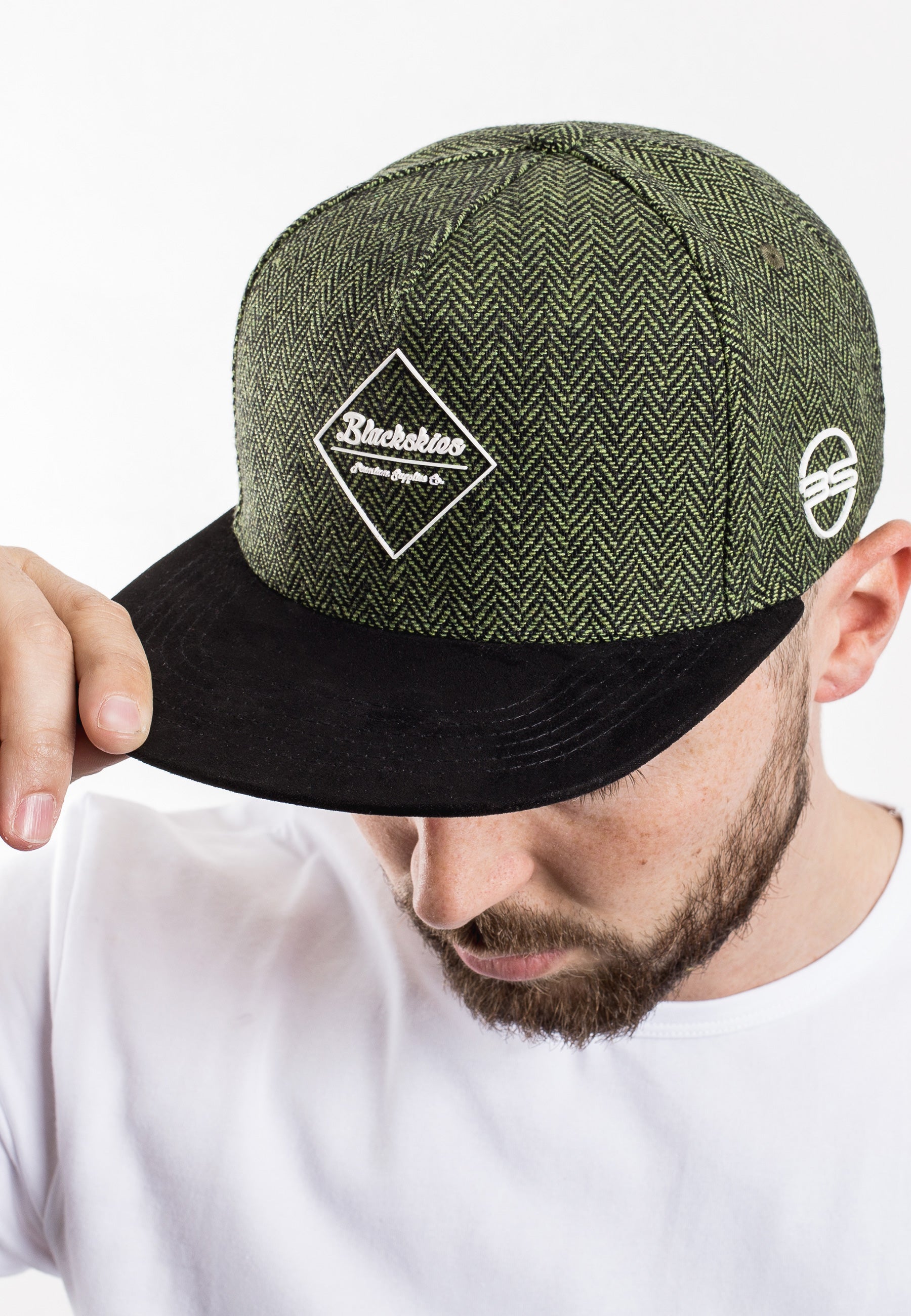 Blackskies-Rhea-Snapback-Cap-Green-Herringbone-Baseball-Hat-Flat-Brim