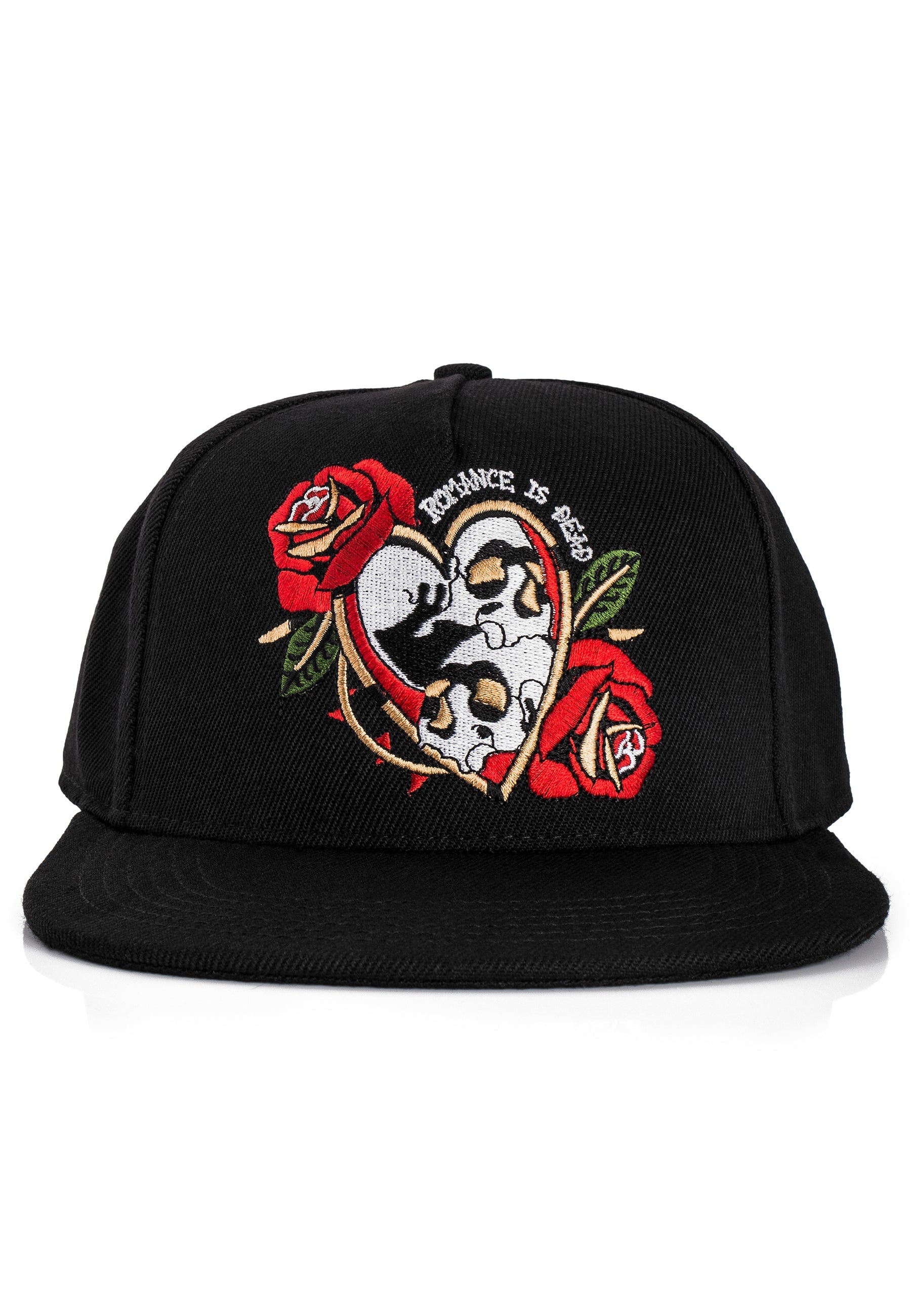 Blackskies-Romance-Snapback-Cap-Skull-Rose-Lover-Tattoo-Neo-Traditional-Front