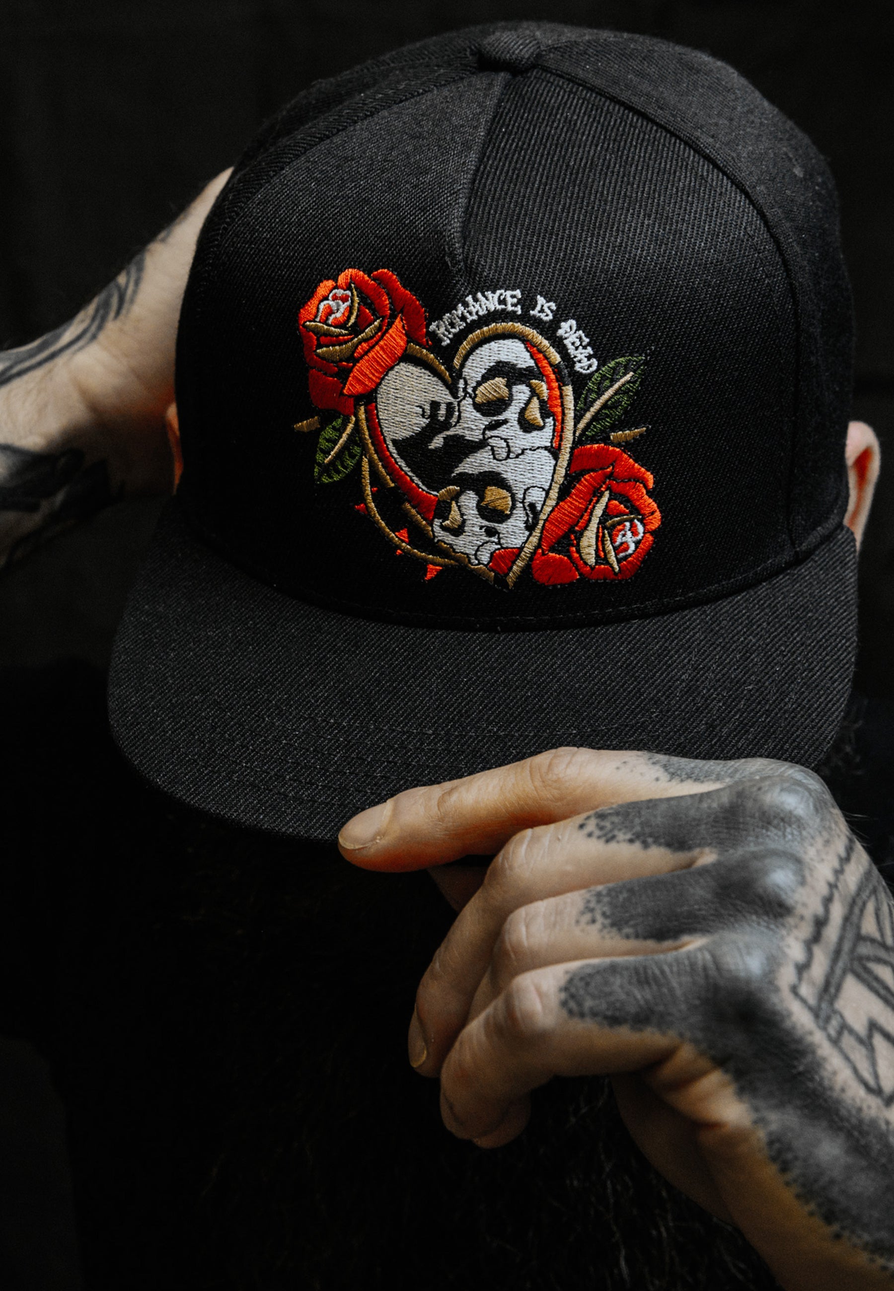 Blackskies-Romance-Snapback-Cap-Skull-Rose-Lover-Tattoo-Neo-Traditional-Model-Hat