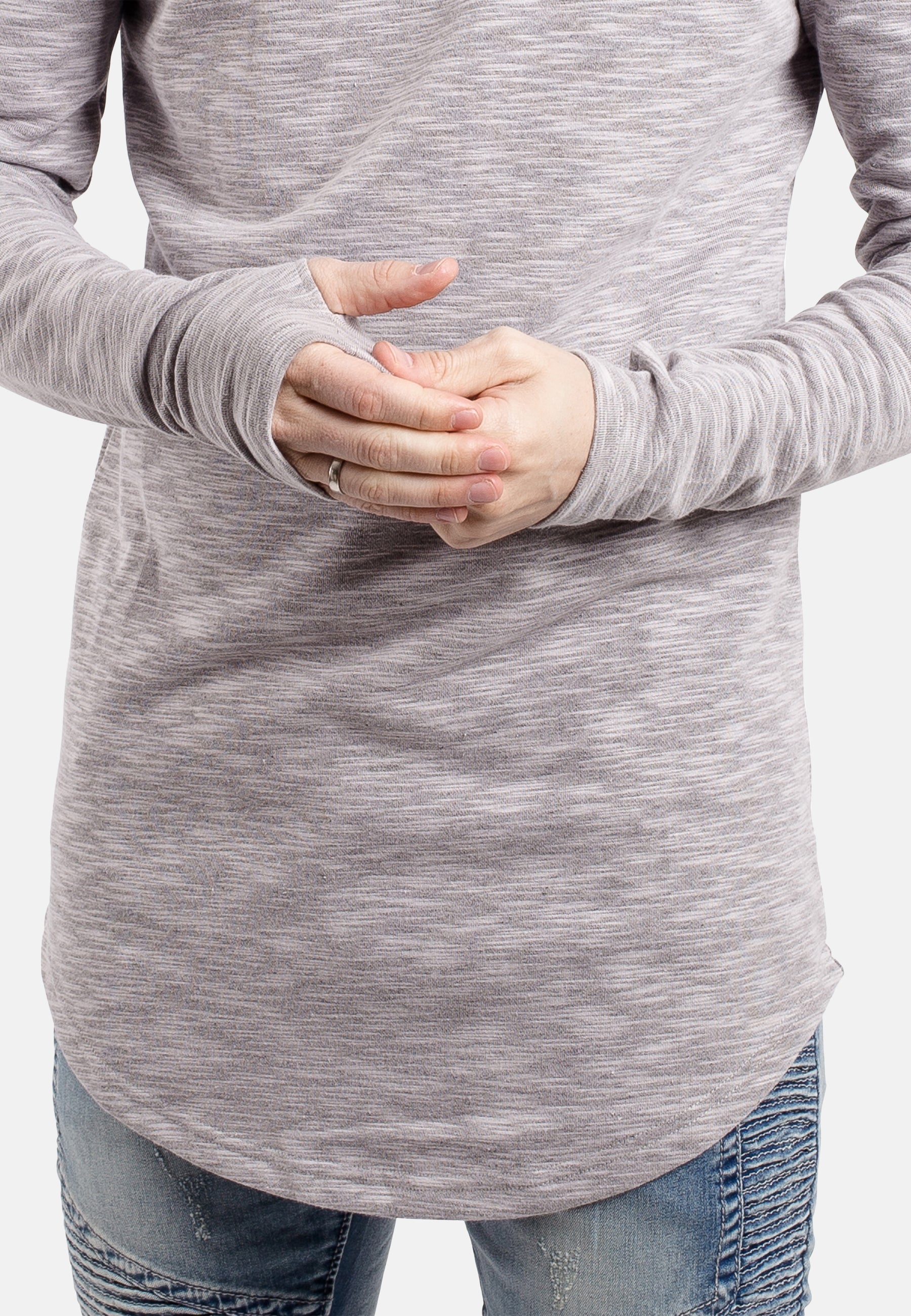 Blackskies-Round-Long-Sleeve-Longline-Sweater-Grey-Melange-Thumbhole-Detail