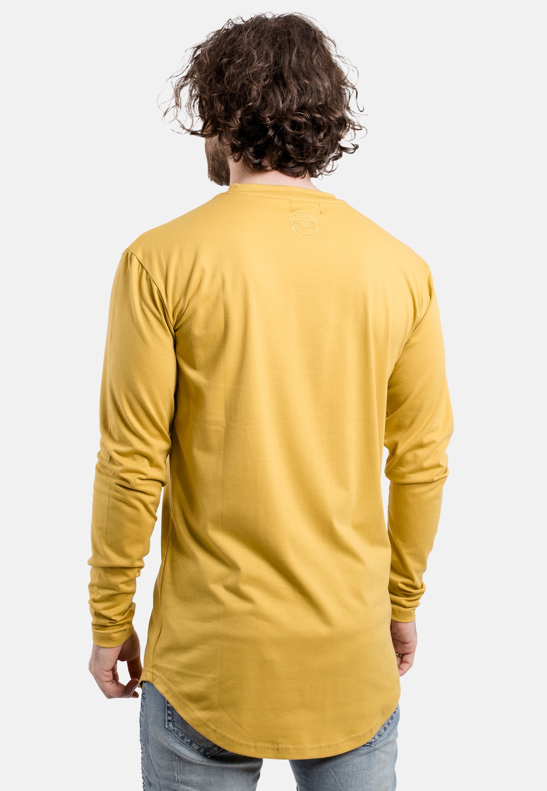 Blackskies-Round-Long-Sleeve-Longline-T-Shirt-Mustard-Back-Curved-Elongated