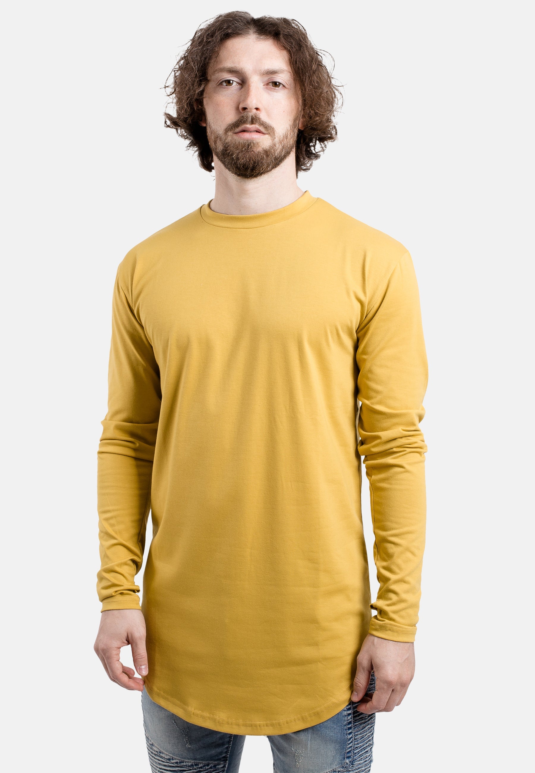 Blackskies-Round-Long-Sleeve-Longline-T-Shirt-Mustard-Curved-Long-Tee
