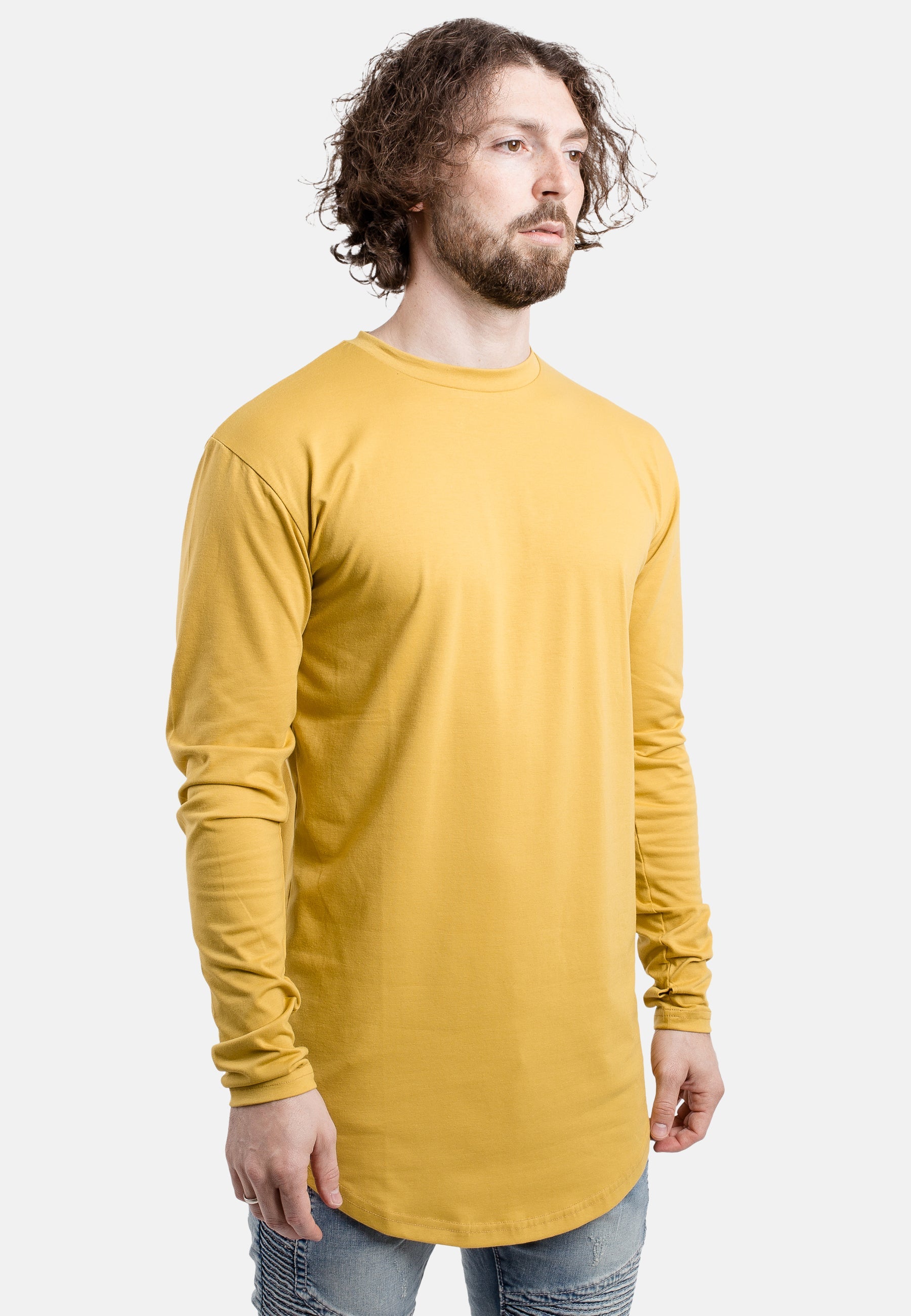 Blackskies-Round-Long-Sleeve-Longline-T-Shirt-Mustard-Side