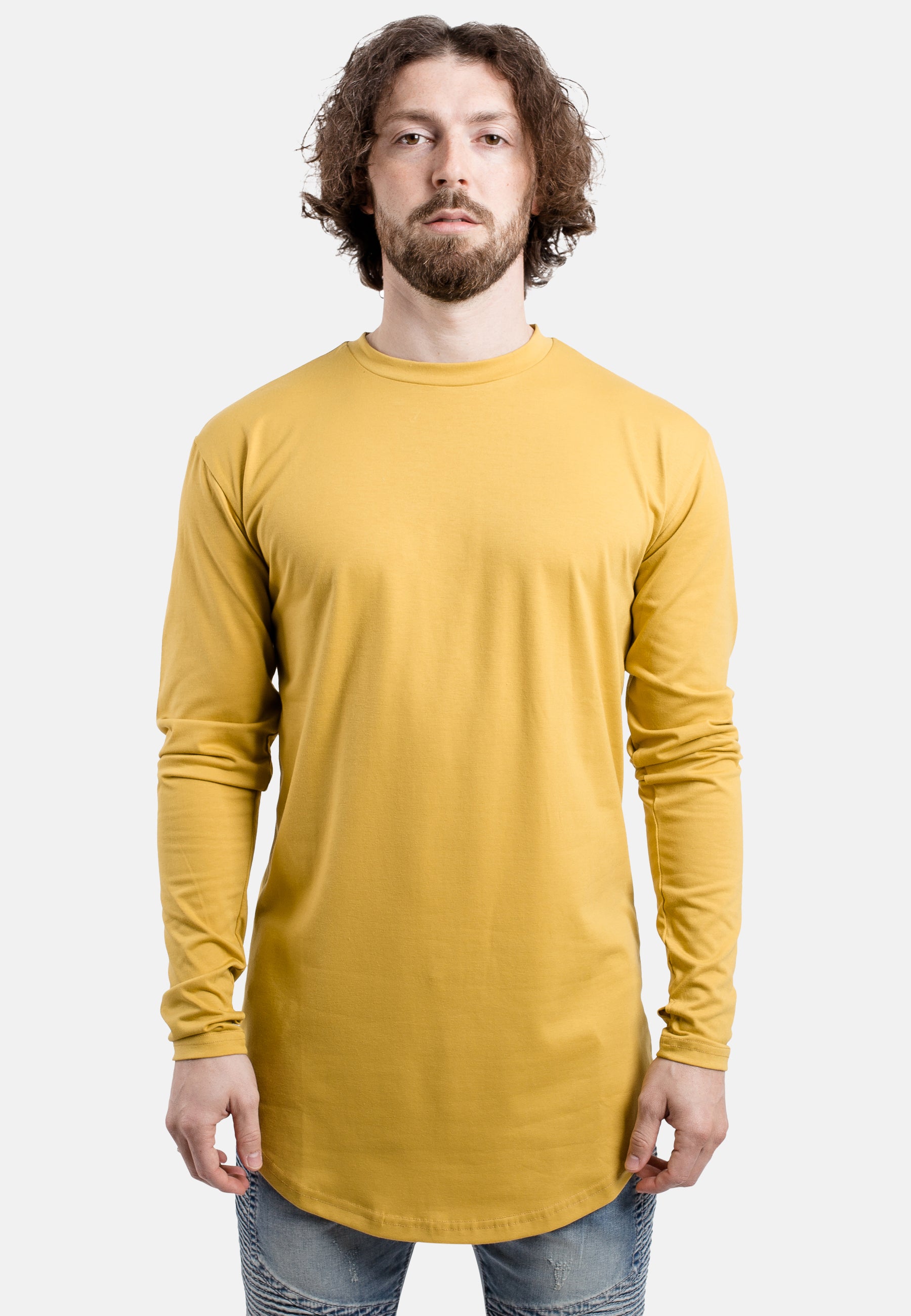 Blackskies-Round-Long-Sleeve-Longline-T-Shirt-Mustard