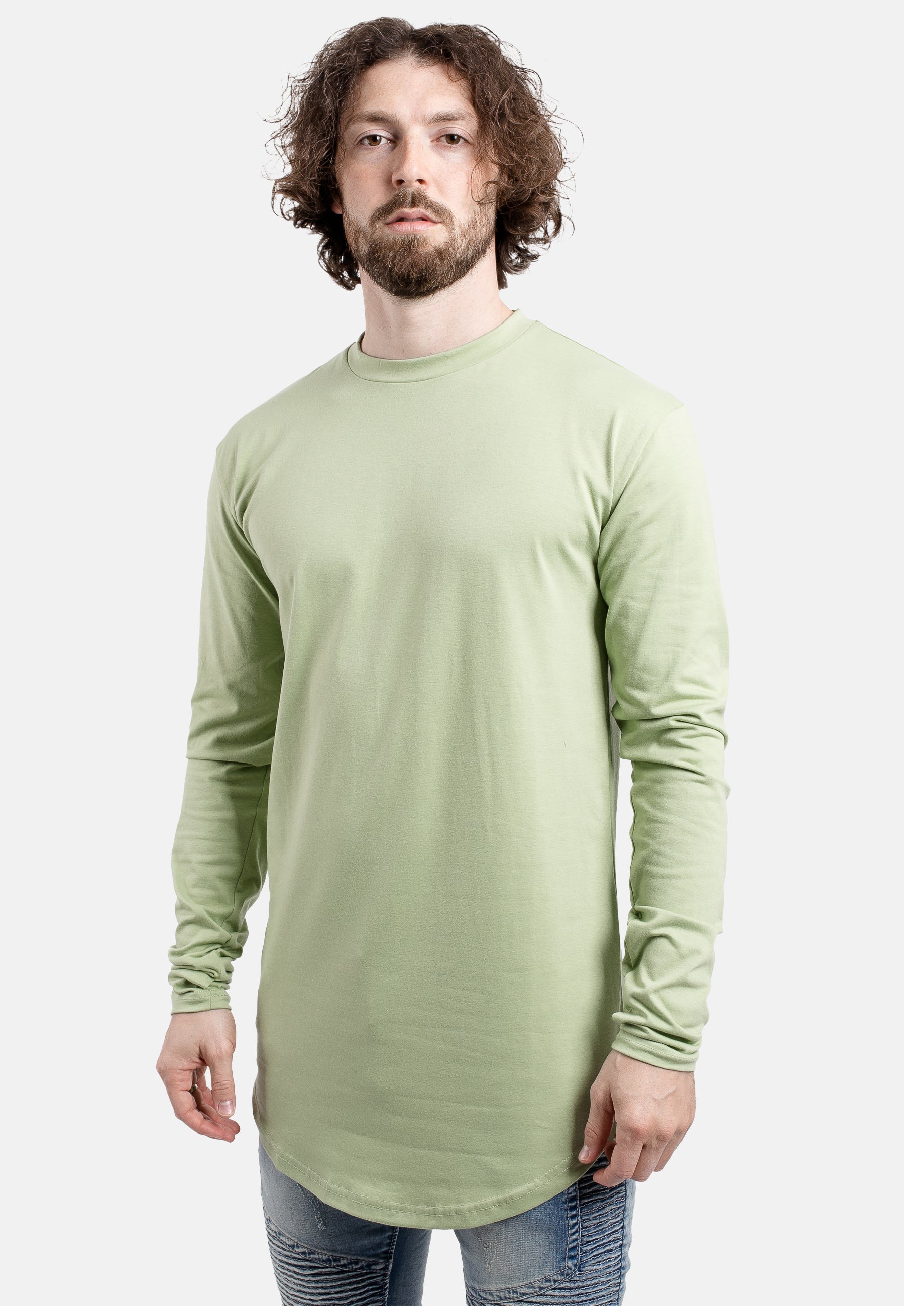 Blackskies-Round-Long-Sleeve-Longline-T-Shirt-Sage-Green-Curved-Side