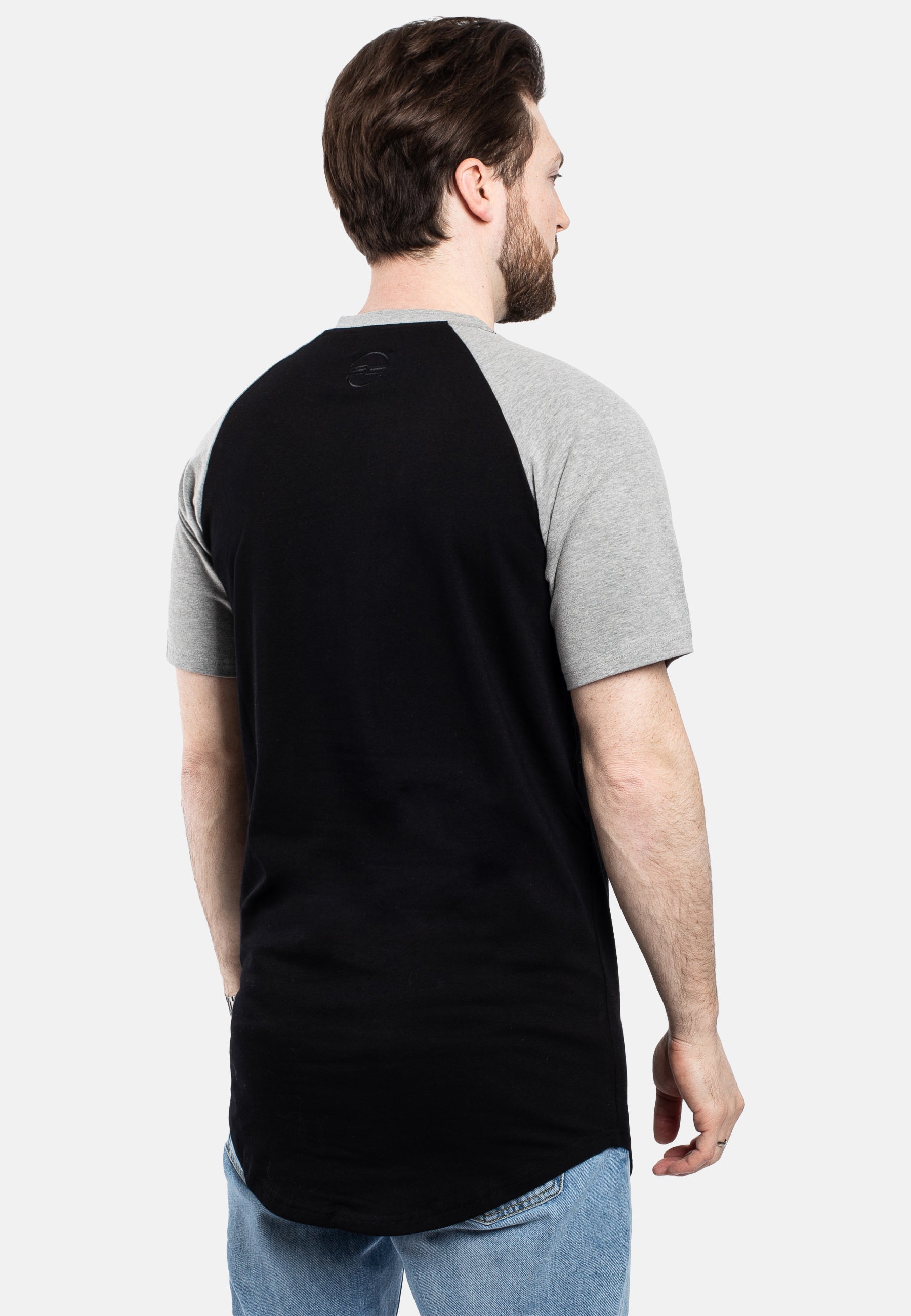 Blackskies-Round-Longline-Baseball-Short-Sleeve-T-Shirt-Black-Grey-Back-Curved-Long