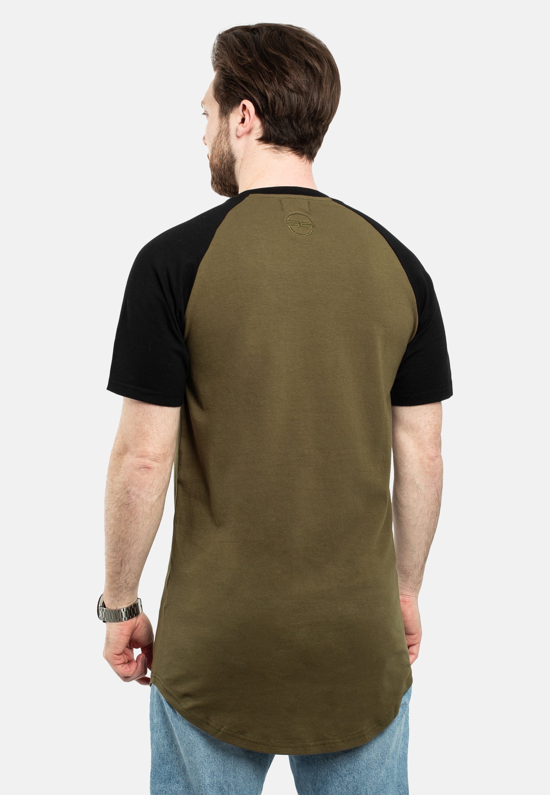 Blackskies-Round-Longline-Baseball-Short-Sleeve-T-Shirt-Olive-Black-Back-Long